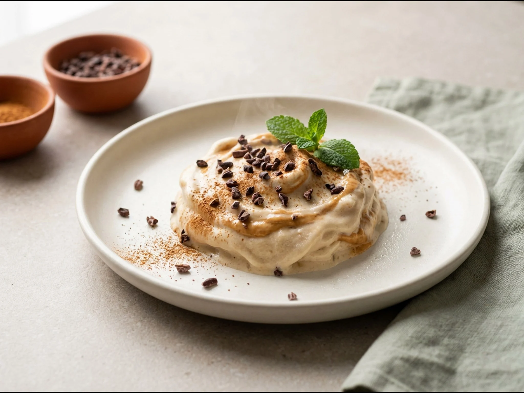 Bananen-nicecream met pindakaas — dessert van dichtbij gefotografeerd op een bord, met 9 gram eiwit en 300 kcal per portie