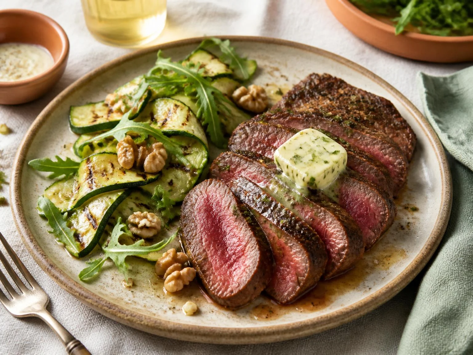 Biefstuk met kruidenboter en gegrilde courgette — dinergerecht van dichtbij gefotografeerd op een bord, met 27 gram eiwit en 530 kcal per portie