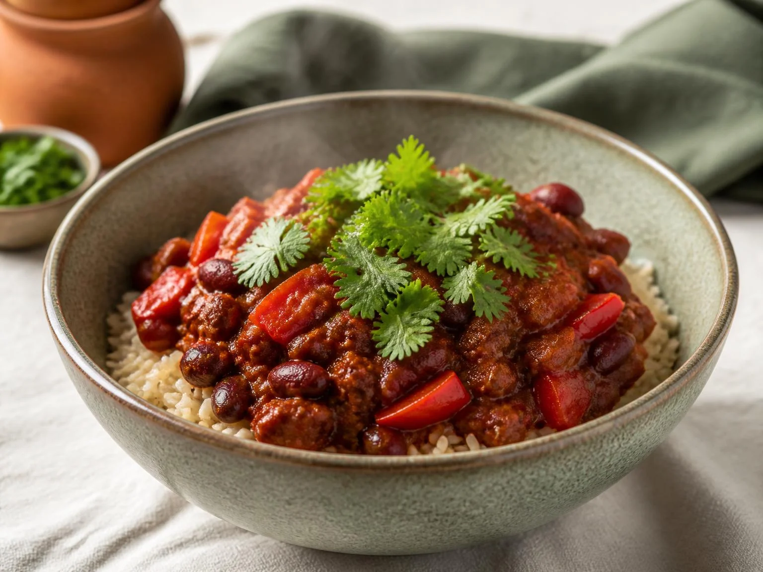 Chili con carne met rijst en kidneybonen — dinergerecht van dichtbij gefotografeerd op een bord, met 58 gram eiwit en 721 kcal per portie