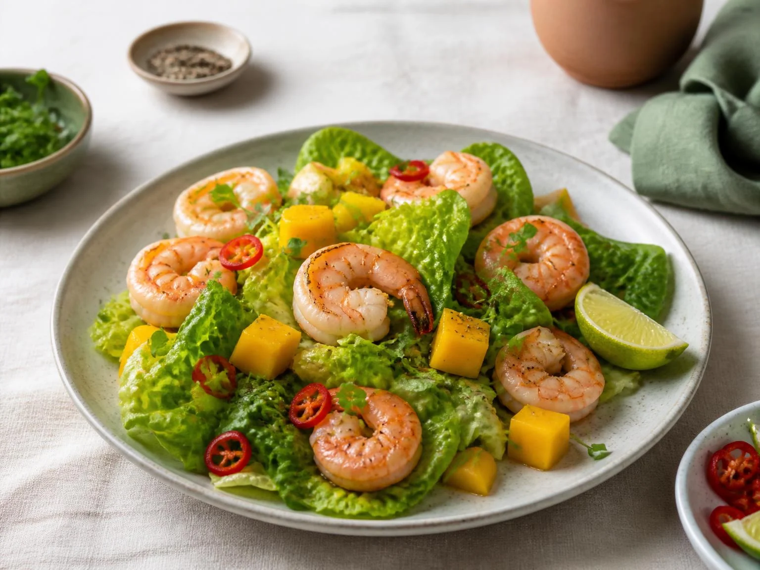 Garnalensalade met mango en little gem — lunchgerecht van dichtbij gefotografeerd op een bord, met 40 gram eiwit en 386 kcal per portie