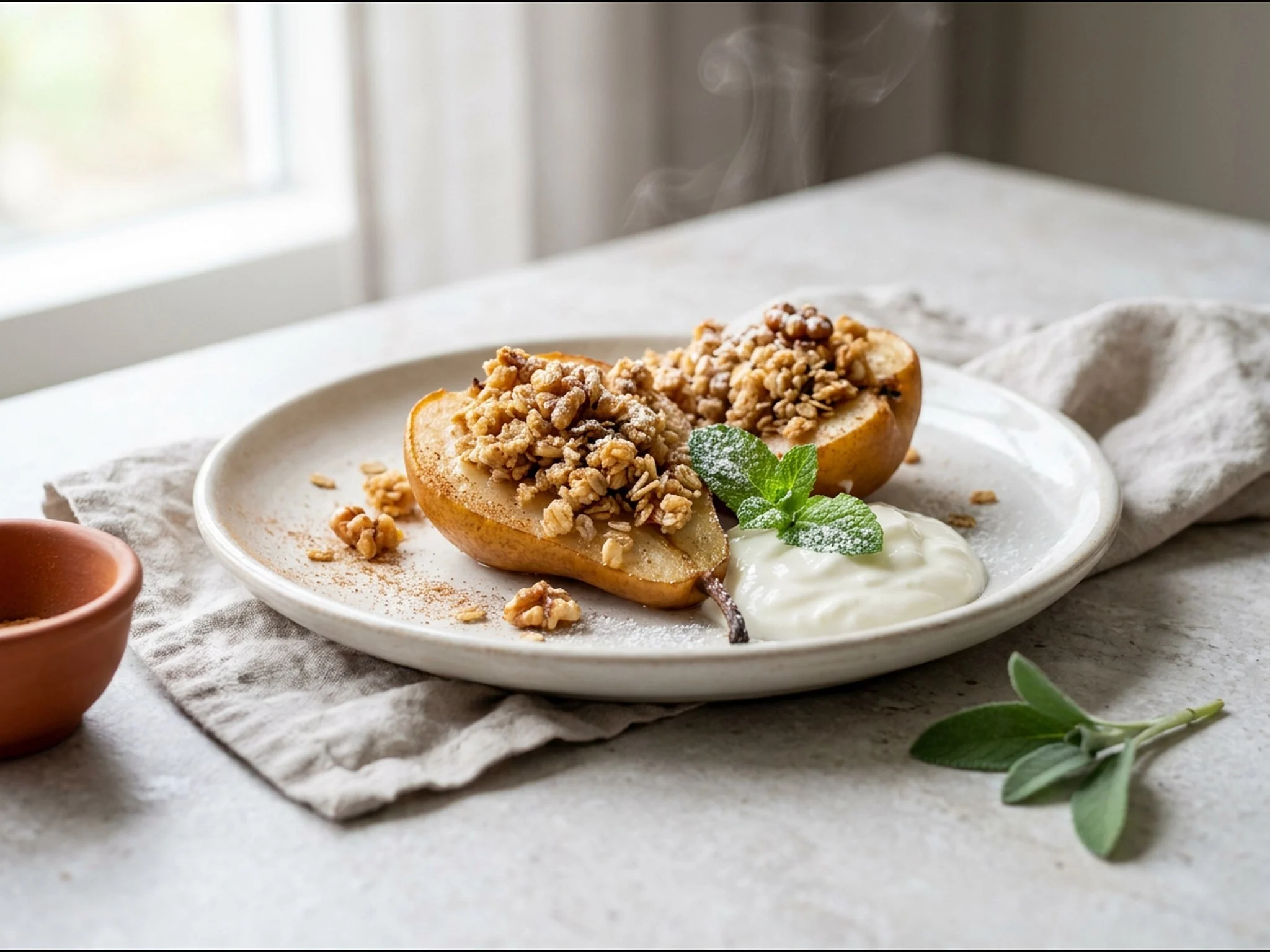 Gebakken peer met eiwitrijke havermoutcrumble — dessert van dichtbij gefotografeerd op een bord, met 31 gram eiwit en 548 kcal per portie