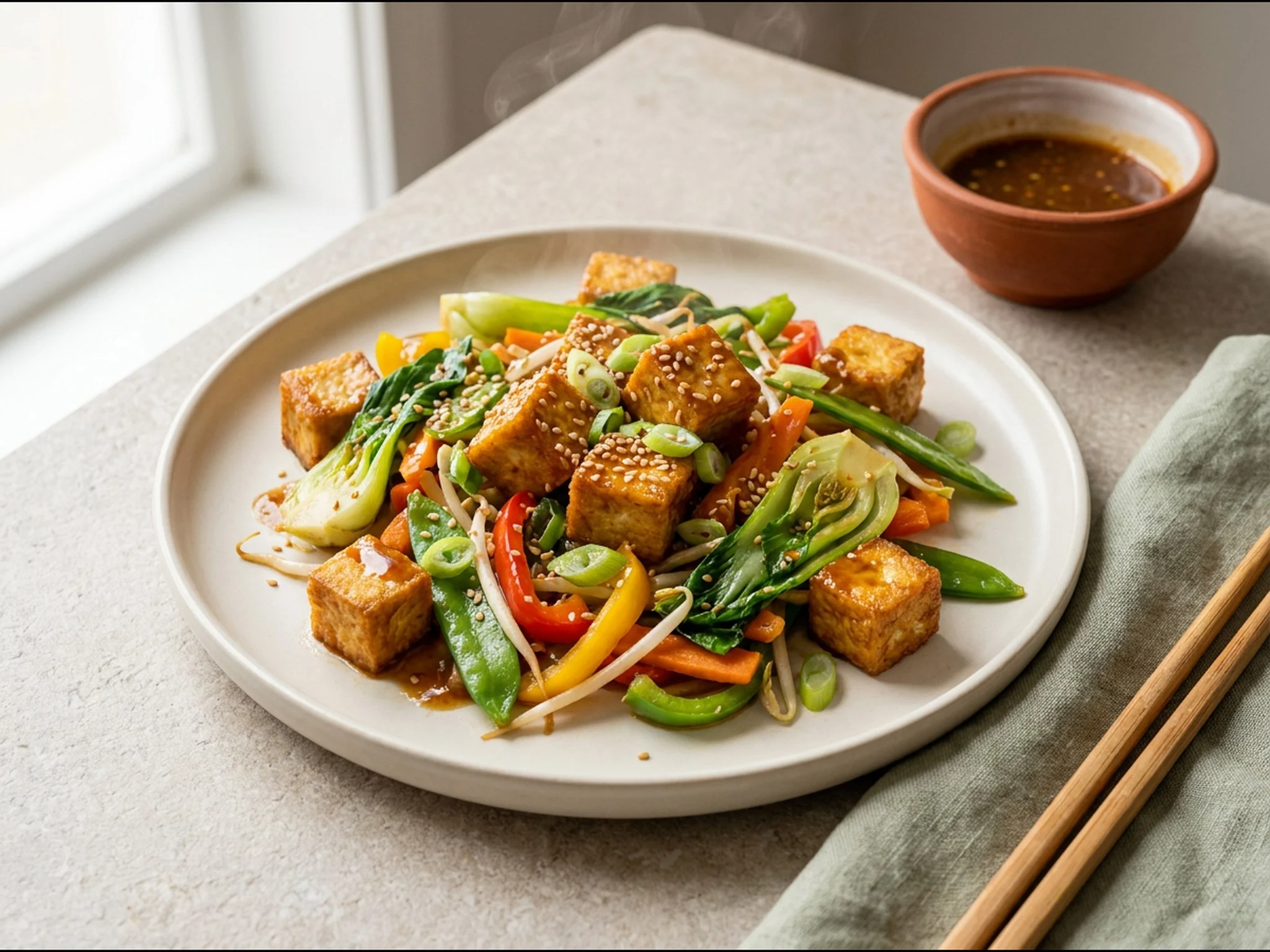 Gebakken tofu met roerbakgroenten — dinergerecht van dichtbij gefotografeerd op een bord, met 34 gram eiwit en 520 kcal per portie