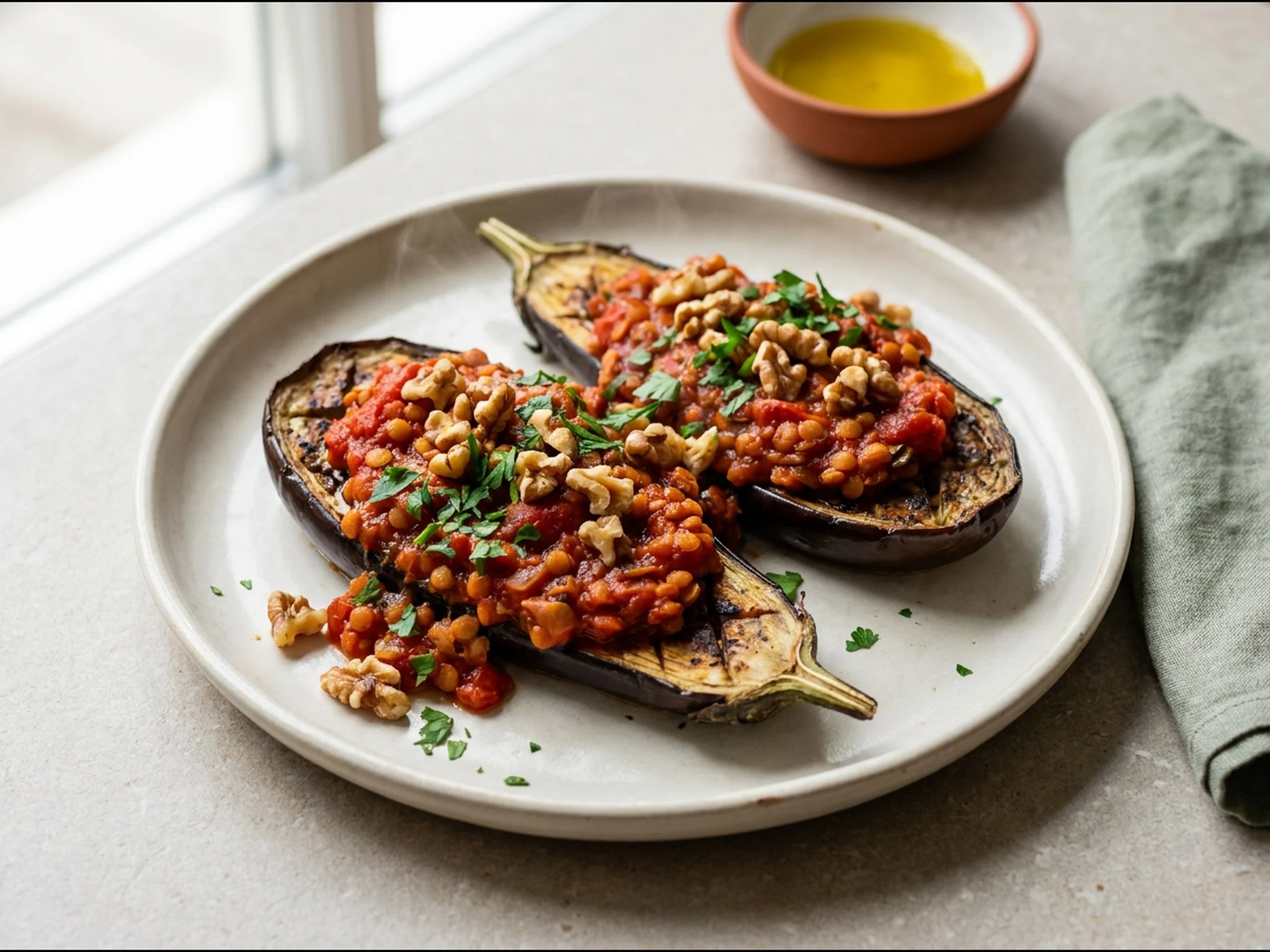 Geroosterde aubergine met linzenragout en walnoten — dinergerecht van dichtbij gefotografeerd op een bord, met 33 gram eiwit en 595 kcal per portie