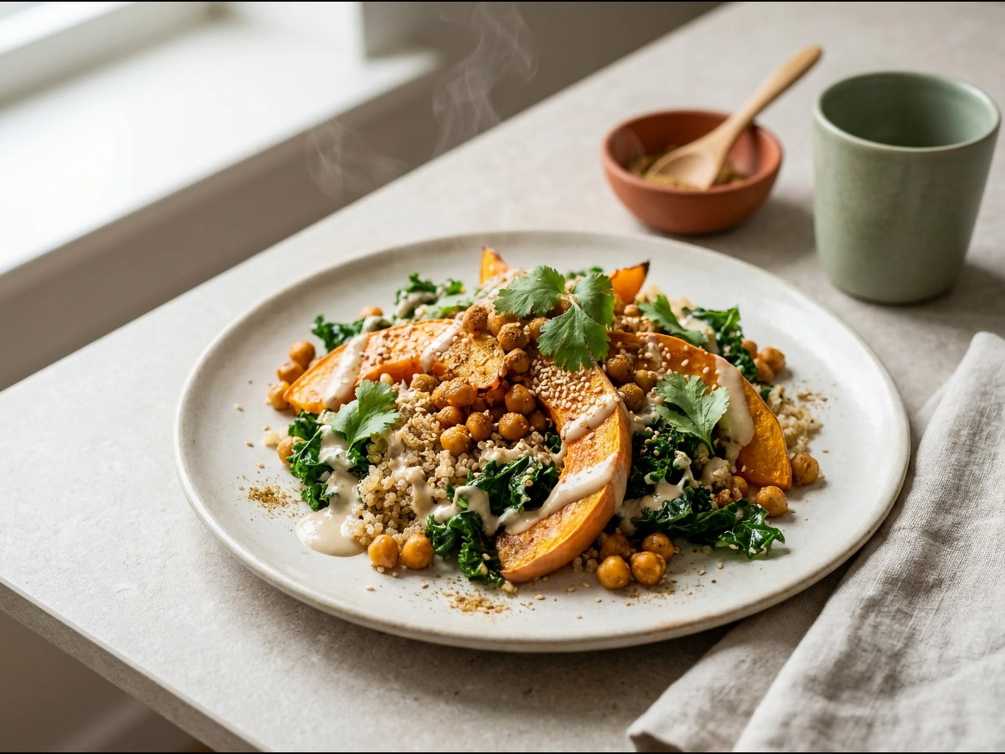 Geroosterde pompoen met kikkererwten en tahindressing — dinergerecht van dichtbij gefotografeerd op een bord, met 24 gram eiwit en 530 kcal per portie