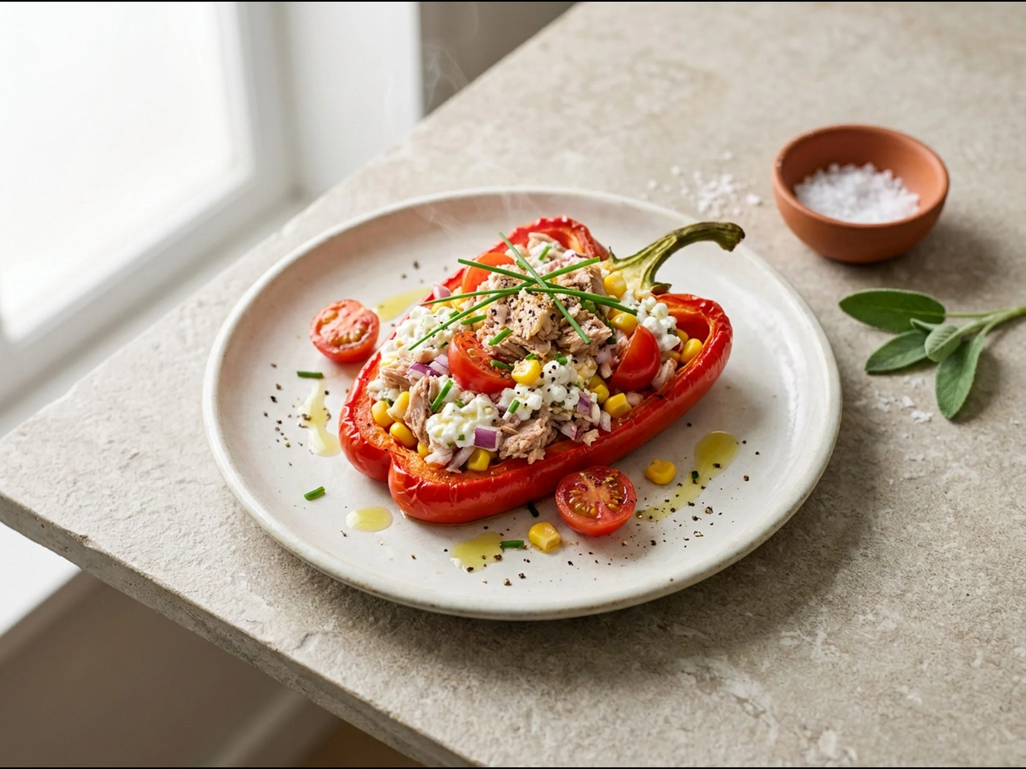 Gevulde paprika met tonijn en hüttenkäse — lunchgerecht van dichtbij gefotografeerd op een bord, met 47 gram eiwit en 428 kcal per portie