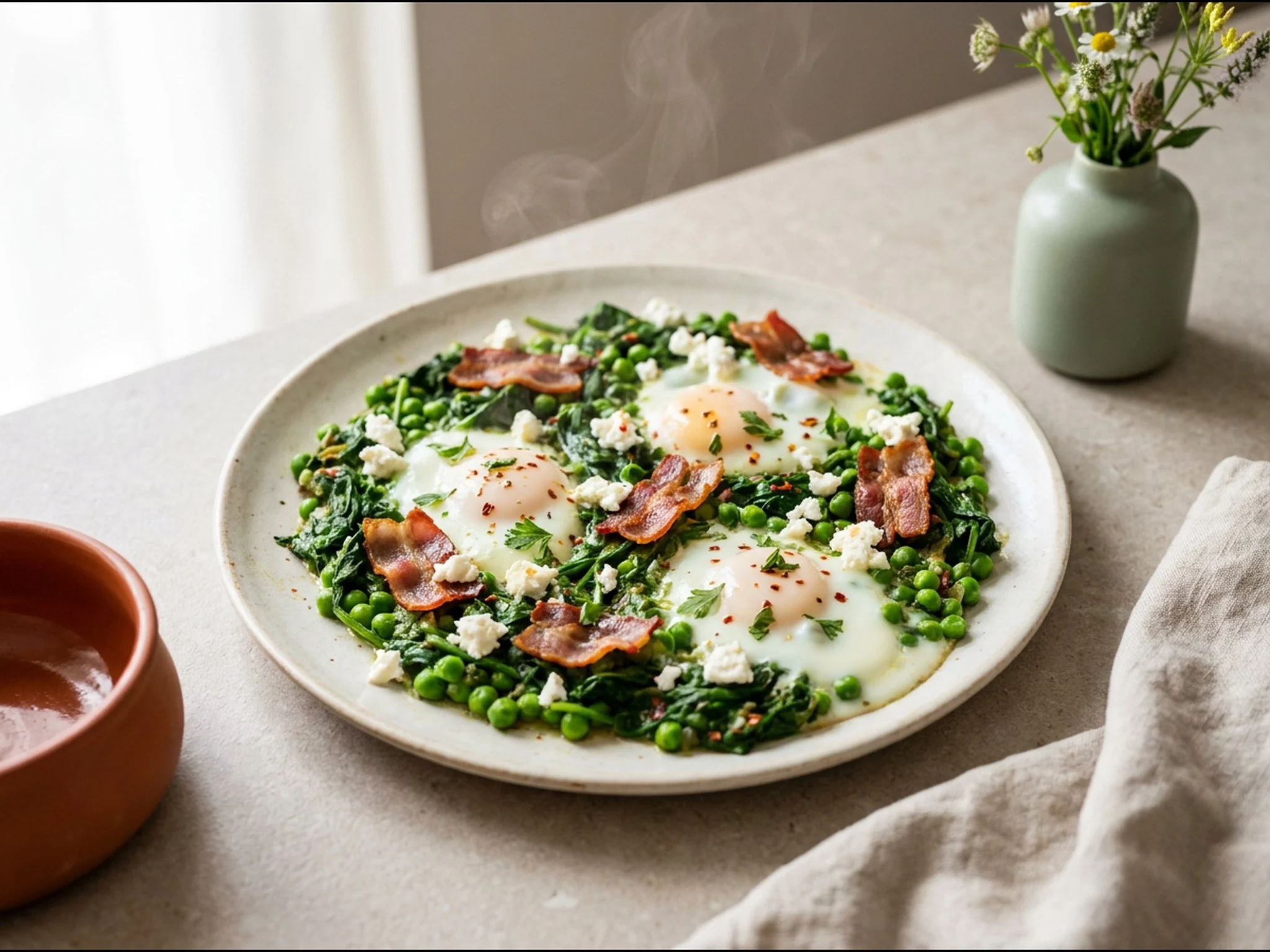 Groene shakshuka met kalkoenspek en spinazie — ontbijtgerecht van dichtbij gefotografeerd op een bord, met 45 gram eiwit en 412 kcal per portie