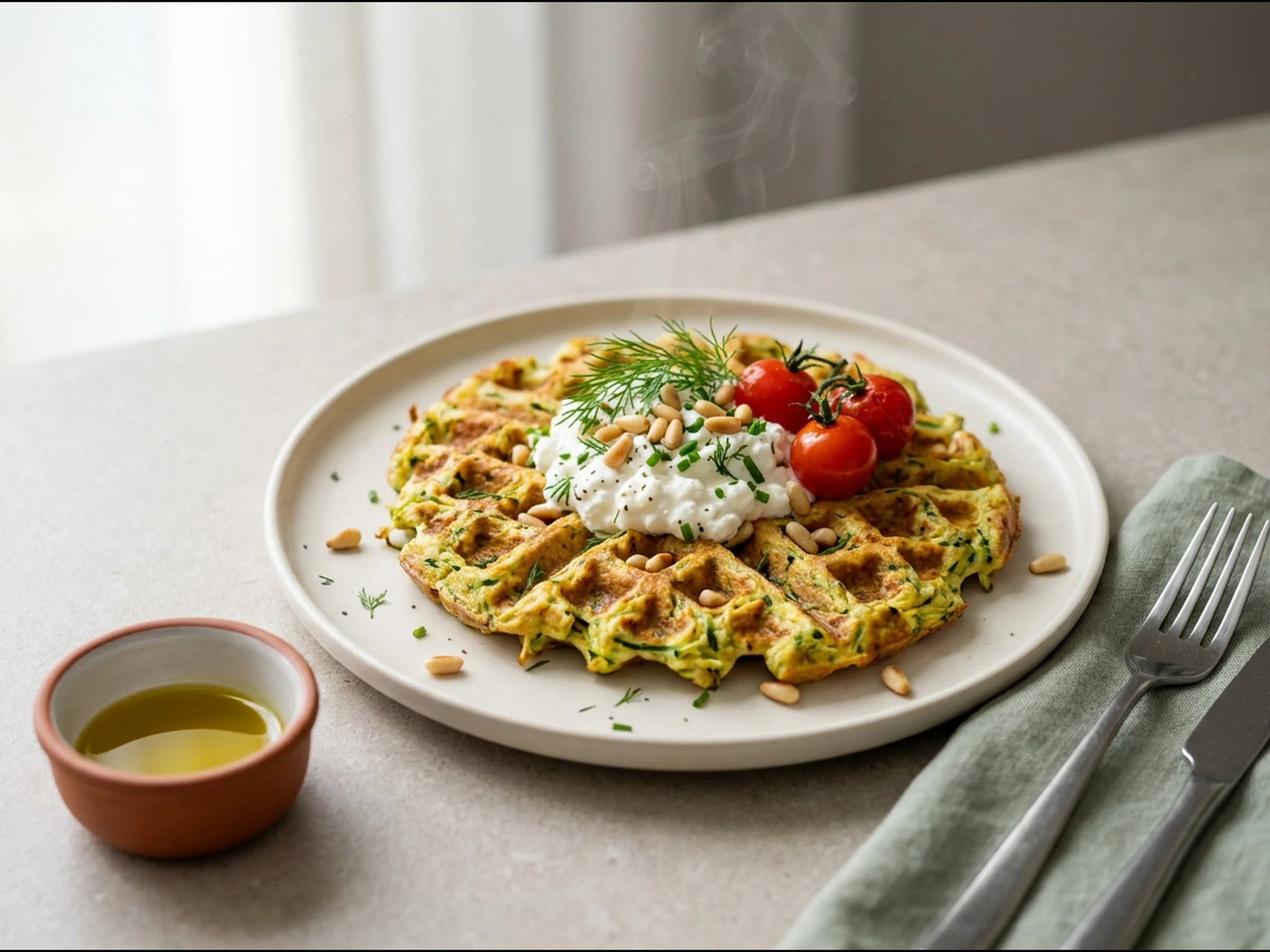 Hartige courgette-eiwitwafels met hüttenkäse — ontbijtgerecht van dichtbij gefotografeerd op een bord, met 38 gram eiwit en 403 kcal per portie