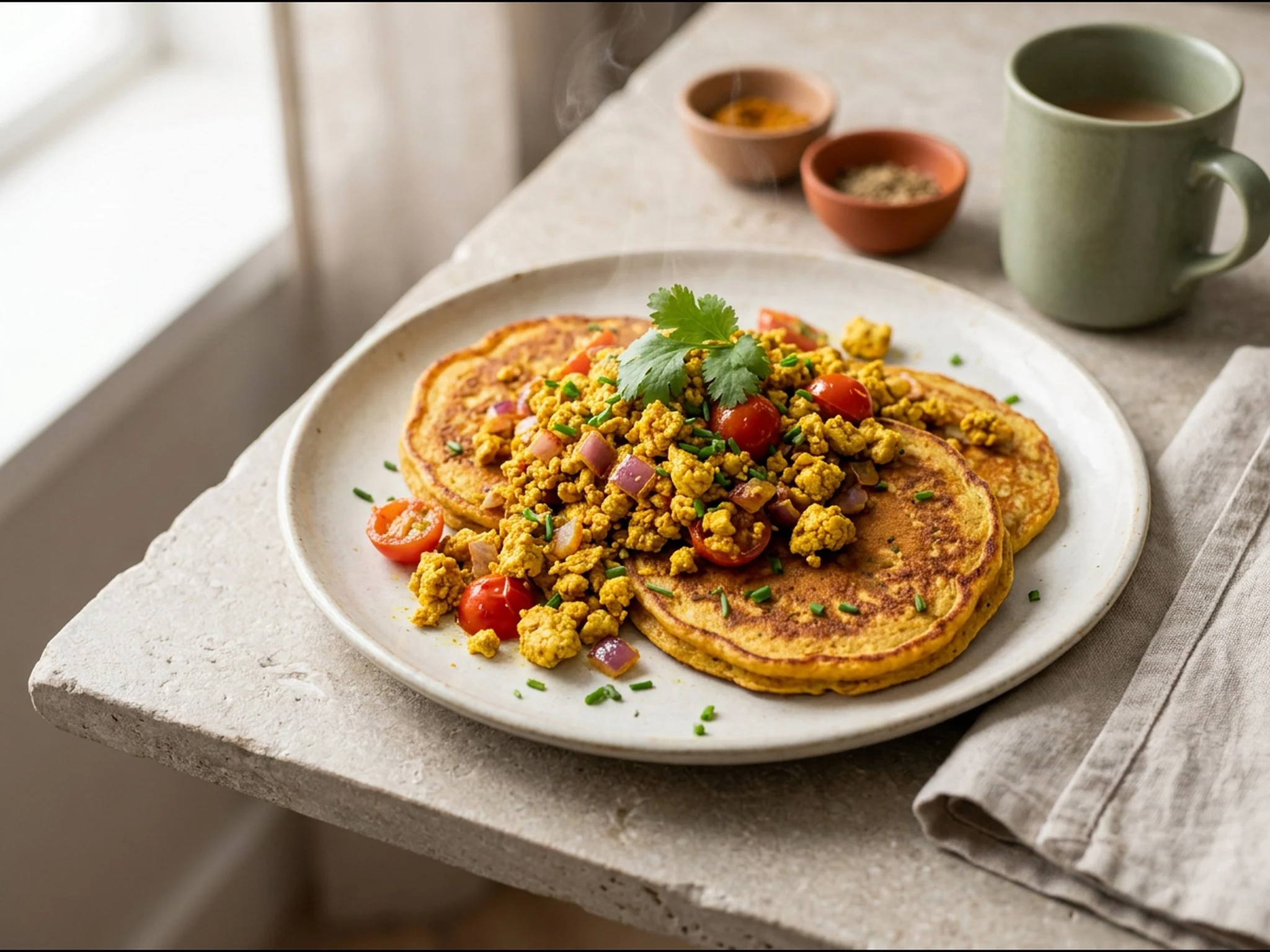 Hartige Indiase kikkererwtenpannenkoeken met tofuscrable — ontbijtgerecht van dichtbij gefotografeerd op een bord, met 33 gram eiwit en 539 kcal per portie