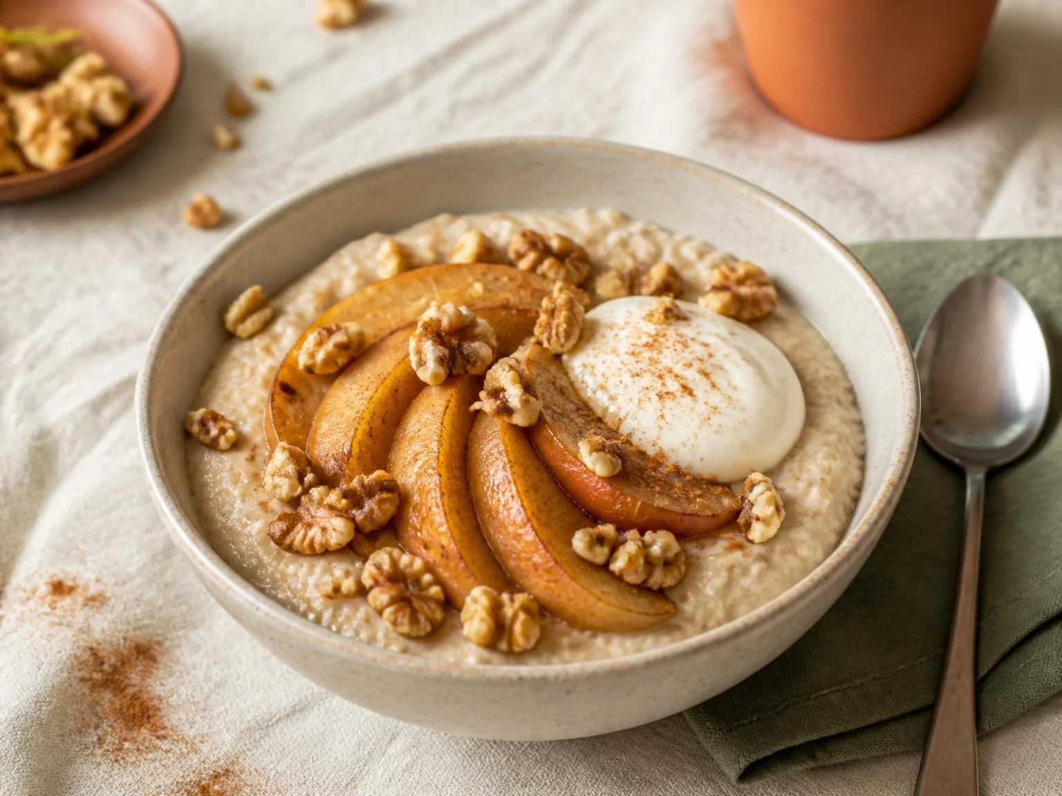 Havermout met appel, walnoot en Griekse yoghurt — ontbijtgerecht van dichtbij gefotografeerd op een bord, met 33 gram eiwit en 534 kcal per portie