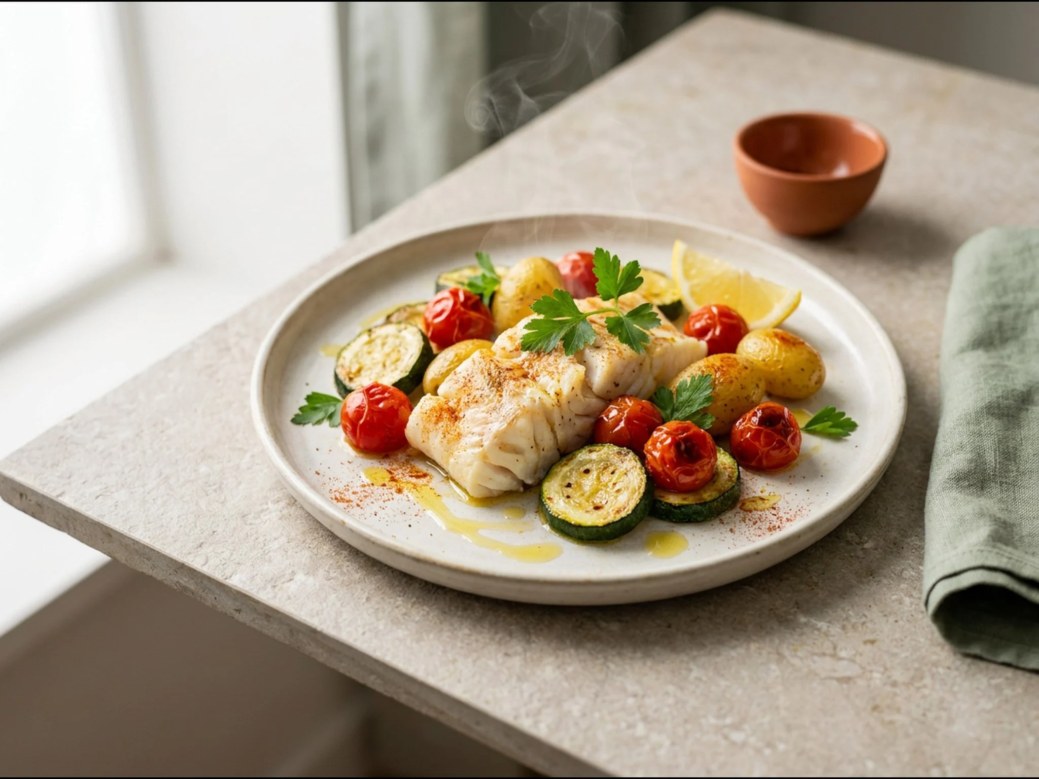 Kabeljauw met courgette en tomaat — dinergerecht van dichtbij gefotografeerd op een bord, met 42 gram eiwit en 390 kcal per portie