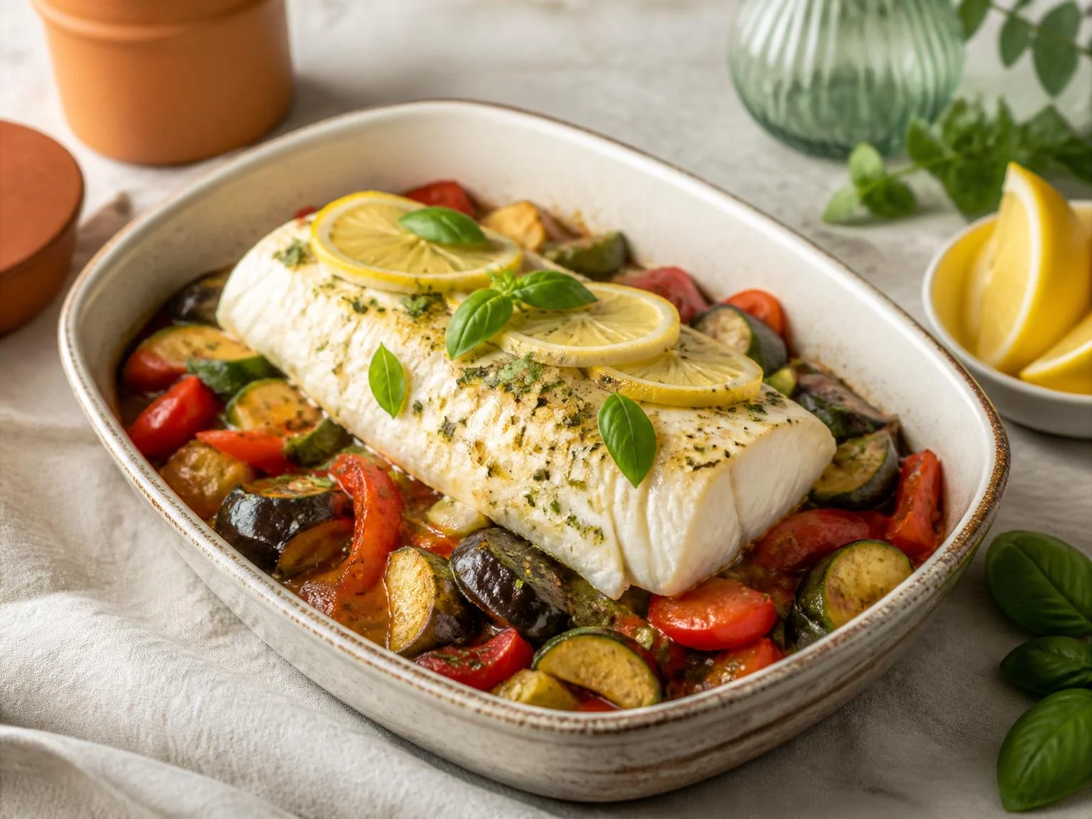 Kabeljauw met ratatouille uit de oven — dinergerecht van dichtbij gefotografeerd op een bord, met 43 gram eiwit en 404 kcal per portie
