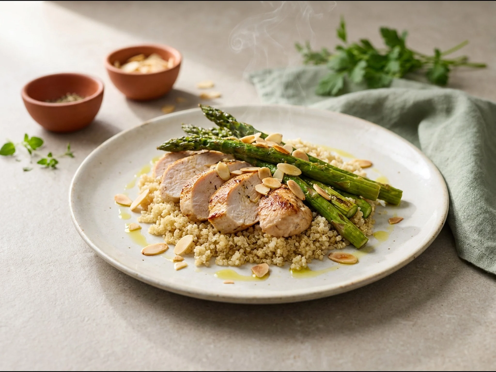 Kalkoenfilet met quinoa en gegrilde asperges — dinergerecht van dichtbij gefotografeerd op een bord, met 66 gram eiwit en 749 kcal per portie