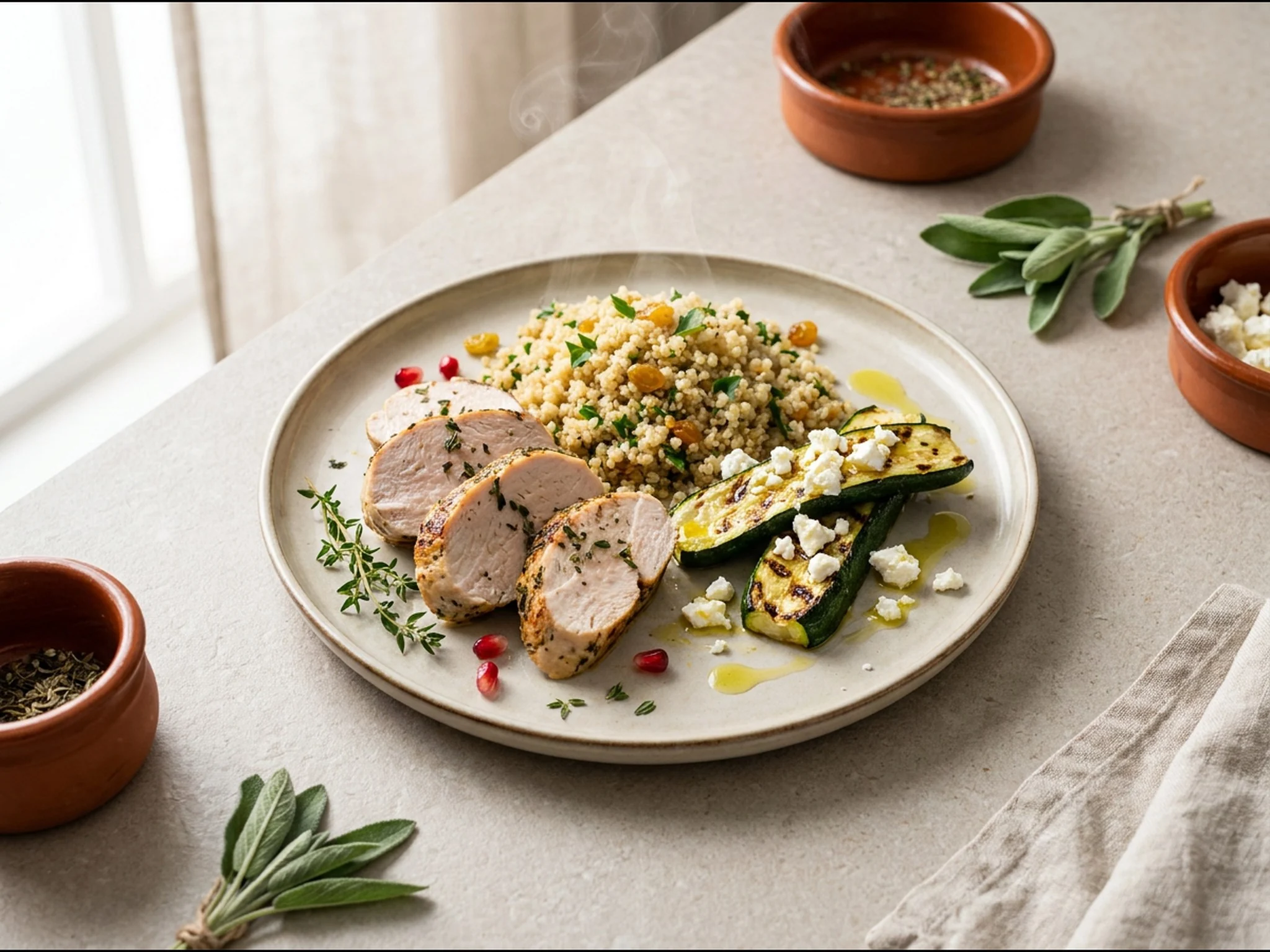 Kalkoenfilet met quinoa en geroosterde courgette — dinergerecht van dichtbij gefotografeerd op een bord, met 64 gram eiwit en 708 kcal per portie