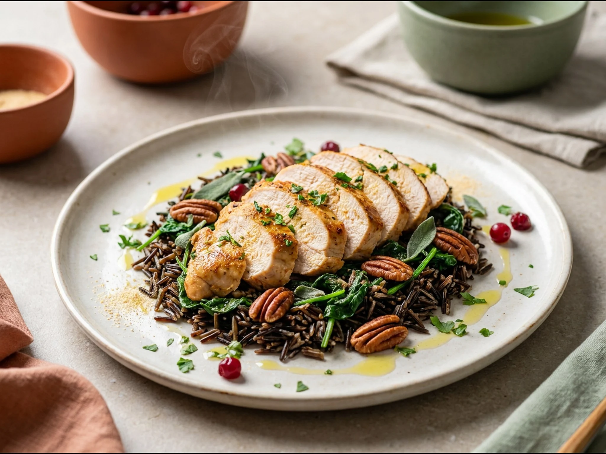 Kalkoenfilet met wilde rijst en pecannoten — dinergerecht van dichtbij gefotografeerd op een bord, met 64 gram eiwit en 710 kcal per portie