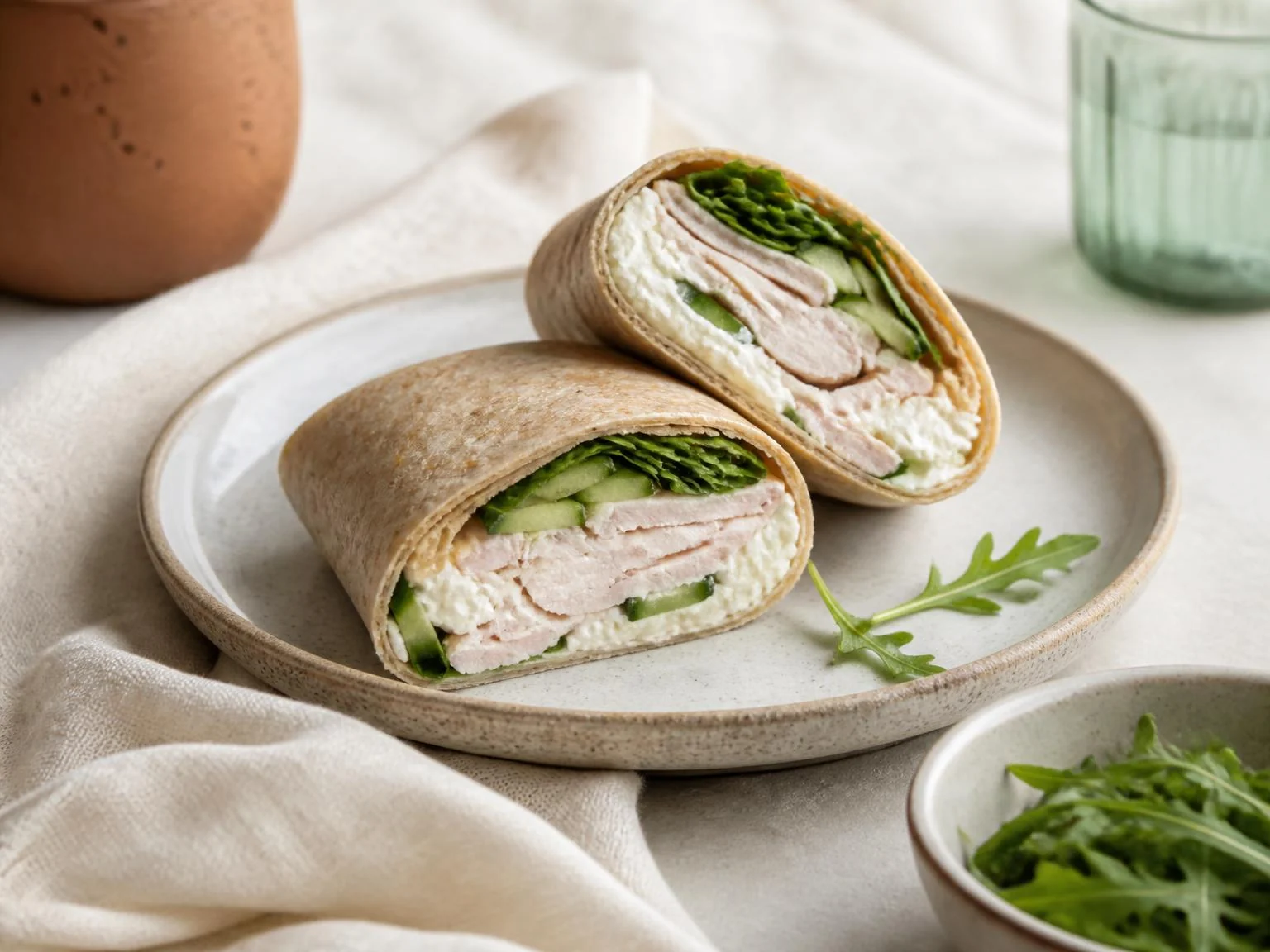 Kalkoenwrap met hüttenkäse en rucola — lunchgerecht van dichtbij gefotografeerd op een bord, met 38 gram eiwit en 410 kcal per portie