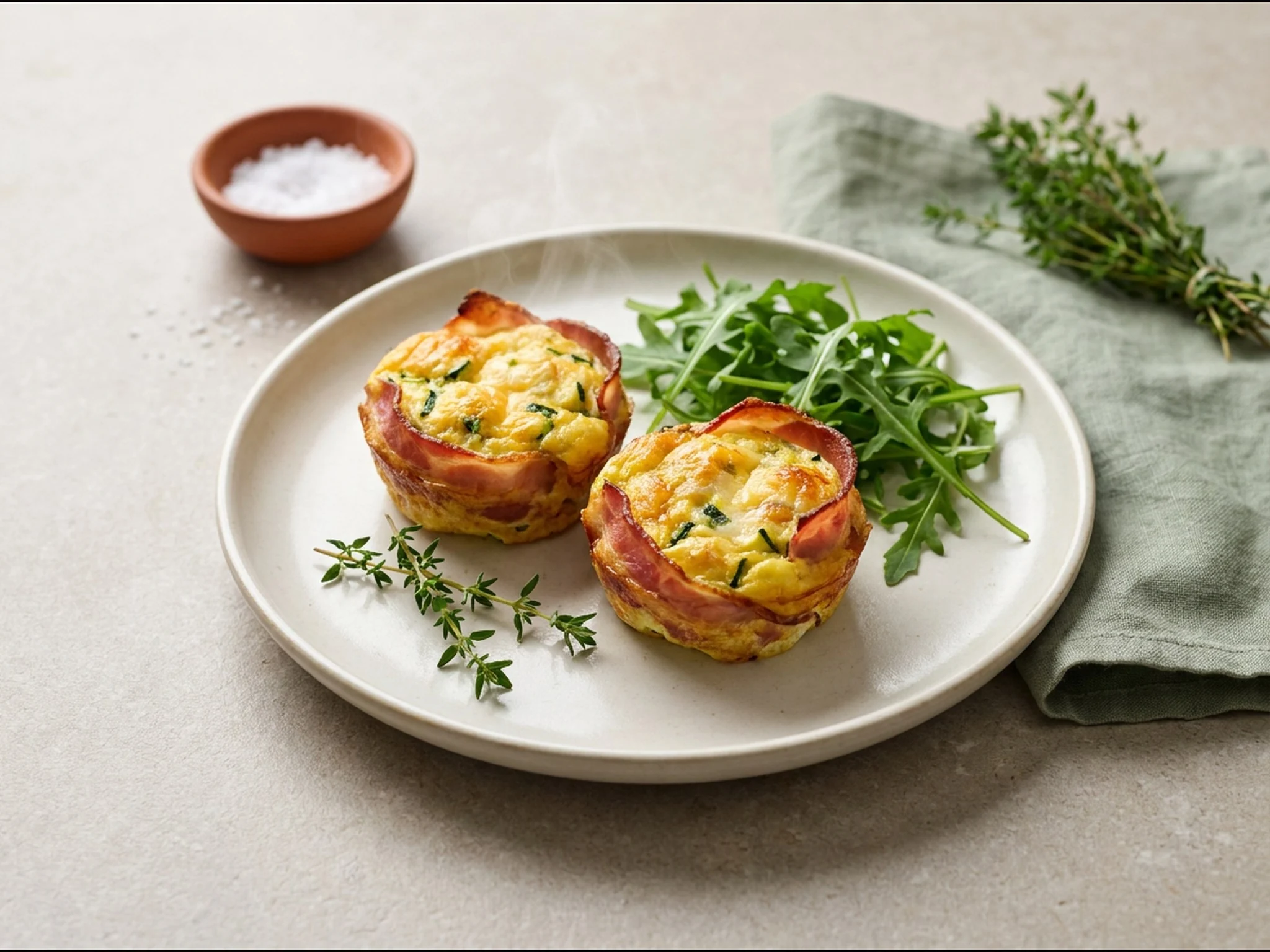 Keto eimuffins met ontbijtspek en courgette — ontbijtgerecht van dichtbij gefotografeerd op een bord, met 31 gram eiwit en 499 kcal per portie