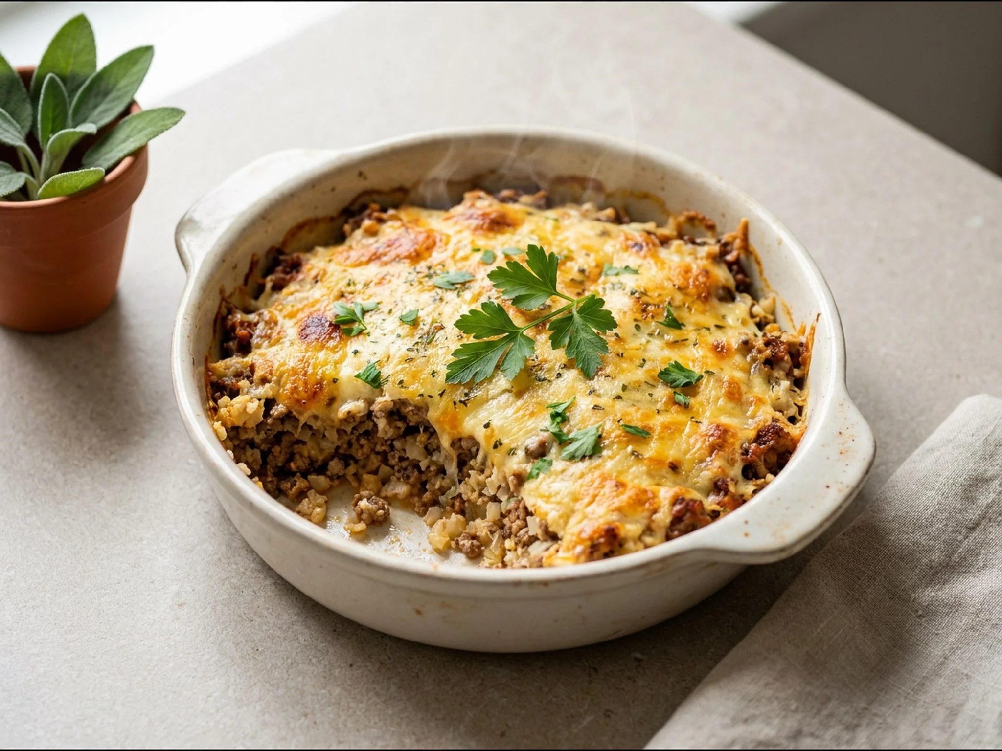 Keto-gehaktschotel met bloemkoolrijst — dinergerecht van dichtbij gefotografeerd op een bord, met 27 gram eiwit en 540 kcal per portie