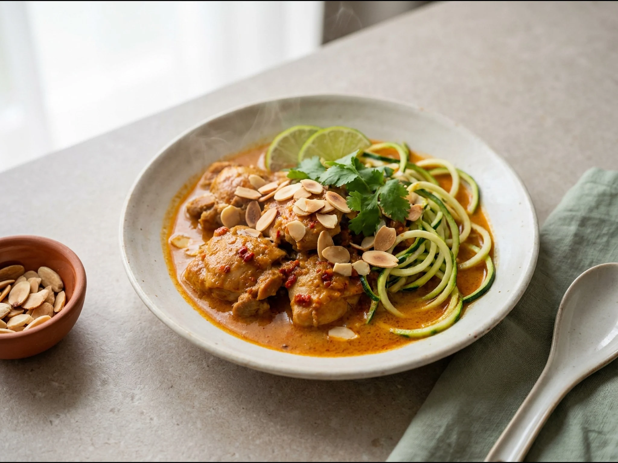 Keto-kipdijencurry met courgetti — dinergerecht van dichtbij gefotografeerd op een bord, met 32 gram eiwit en 538 kcal per portie