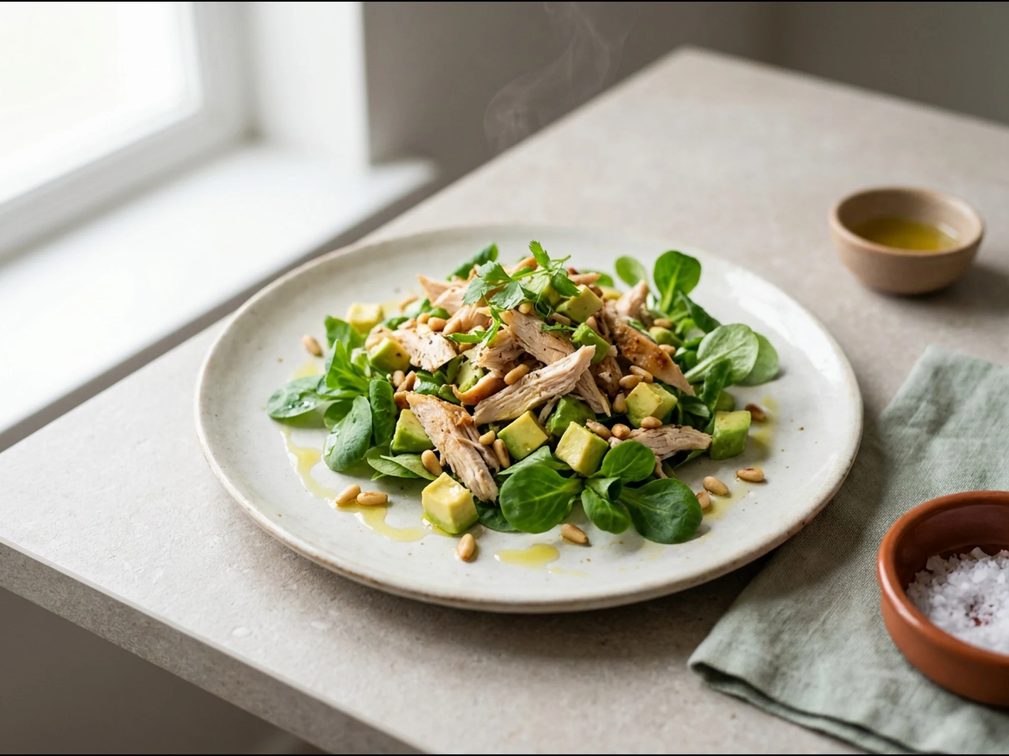 Keto-kipsalade met avocado — lunchgerecht van dichtbij gefotografeerd op een bord, met 26 gram eiwit en 520 kcal per portie