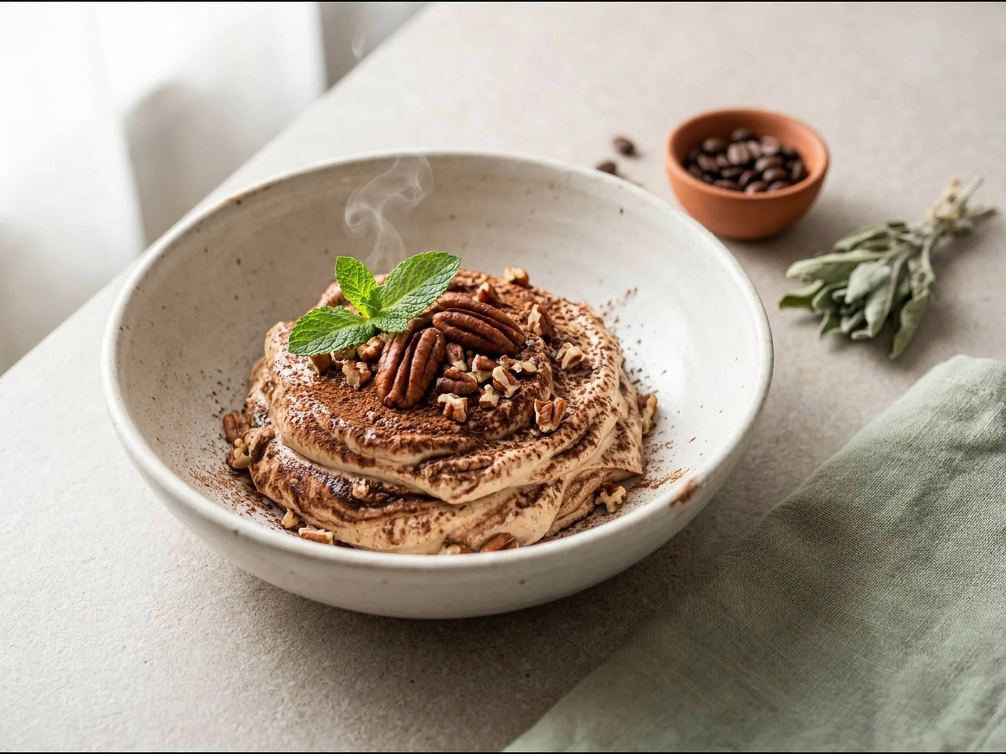 Keto mascarpone-koffie dessert met pecannoten — dessert van dichtbij gefotografeerd op een bord, met 18 gram eiwit en 506 kcal per portie