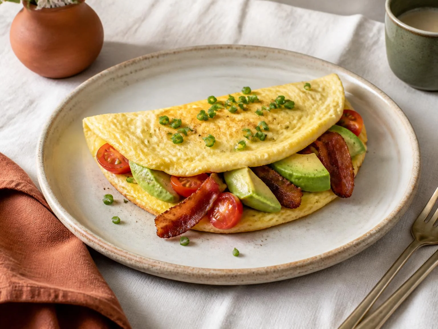 Keto-omelet met avocado en spek — ontbijtgerecht van dichtbij gefotografeerd op een bord, met 26 gram eiwit en 498 kcal per portie