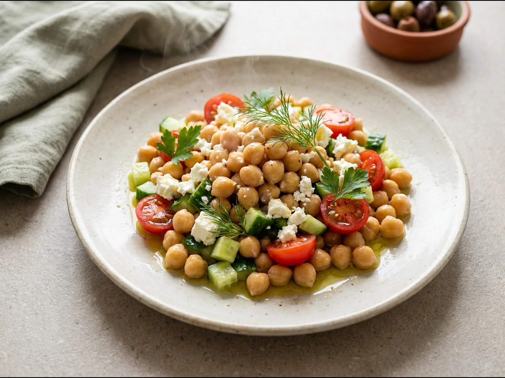 Kikkererwtensalade met feta — lunchgerecht van dichtbij gefotografeerd op een bord, met 20 gram eiwit en 450 kcal per portie