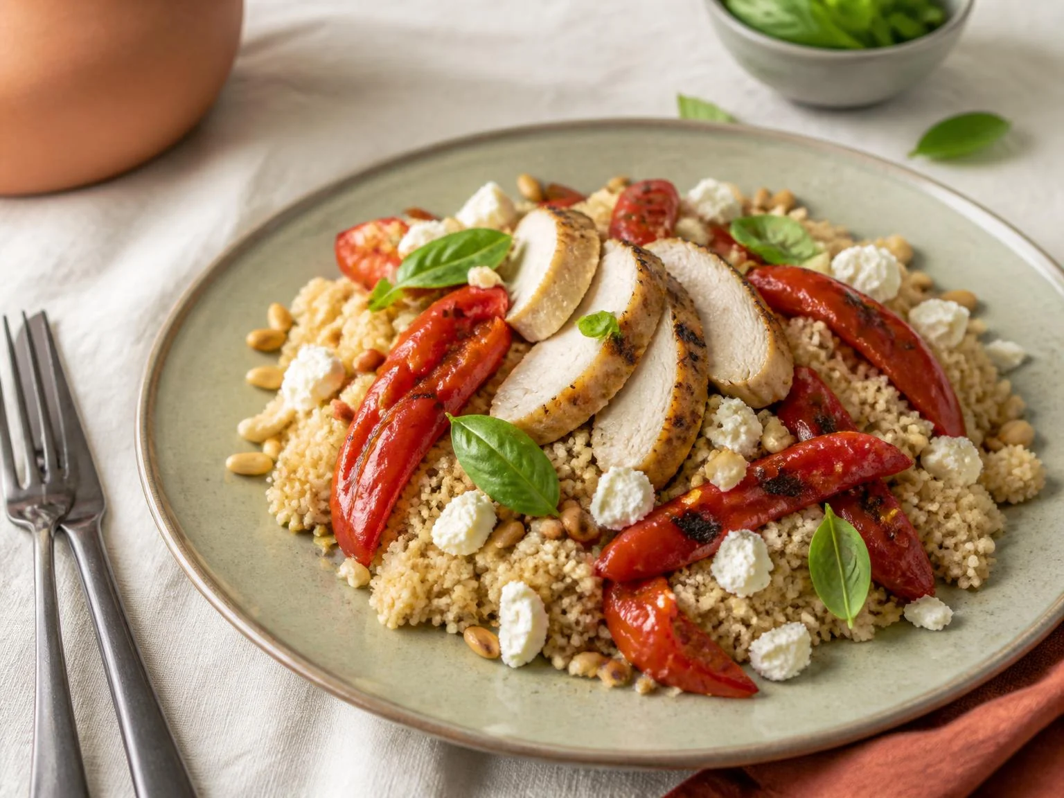 Kip-couscous met geroosterde paprika — dinergerecht van dichtbij gefotografeerd op een bord, met 36 gram eiwit en 556 kcal per portie