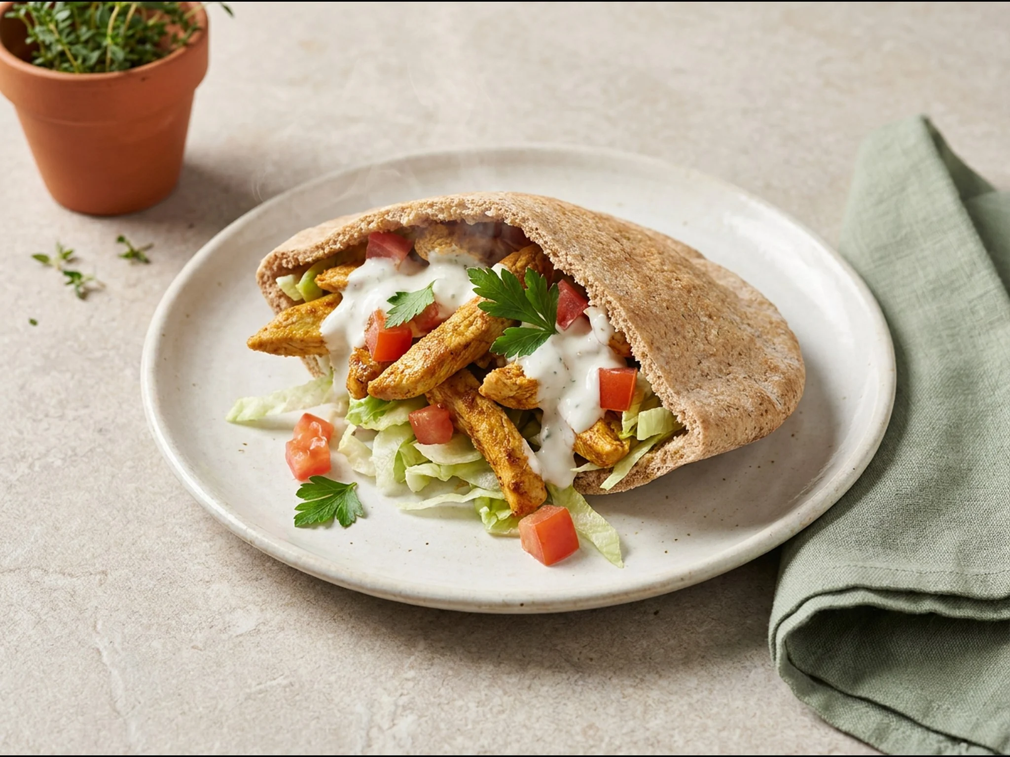 Kip-shoarma pita met salade — lunchgerecht van dichtbij gefotografeerd op een bord, met 36 gram eiwit en 545 kcal per portie