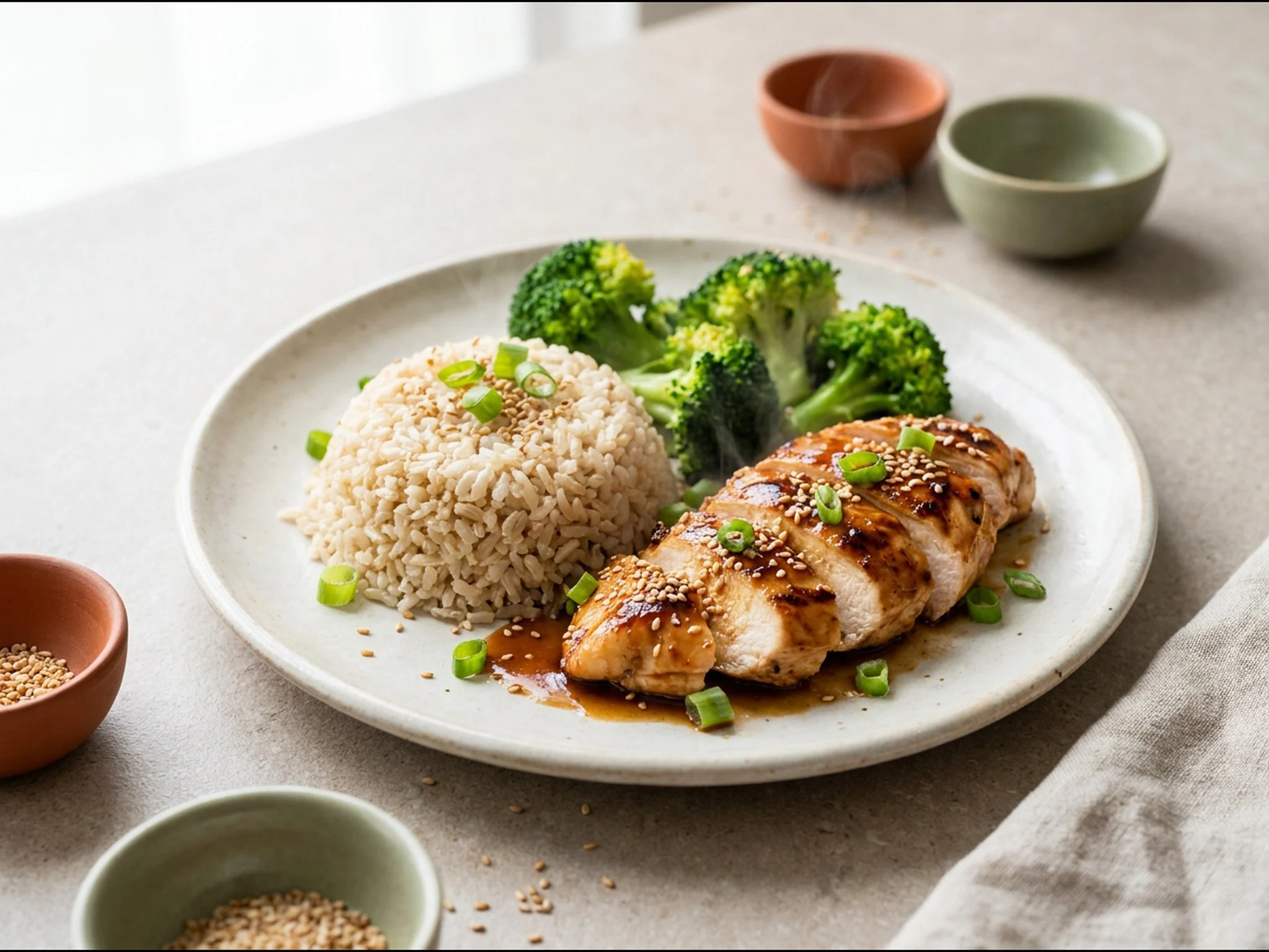 Kip-teriyaki met rijst en broccoli — dinergerecht van dichtbij gefotografeerd op een bord, met 60 gram eiwit en 705 kcal per portie