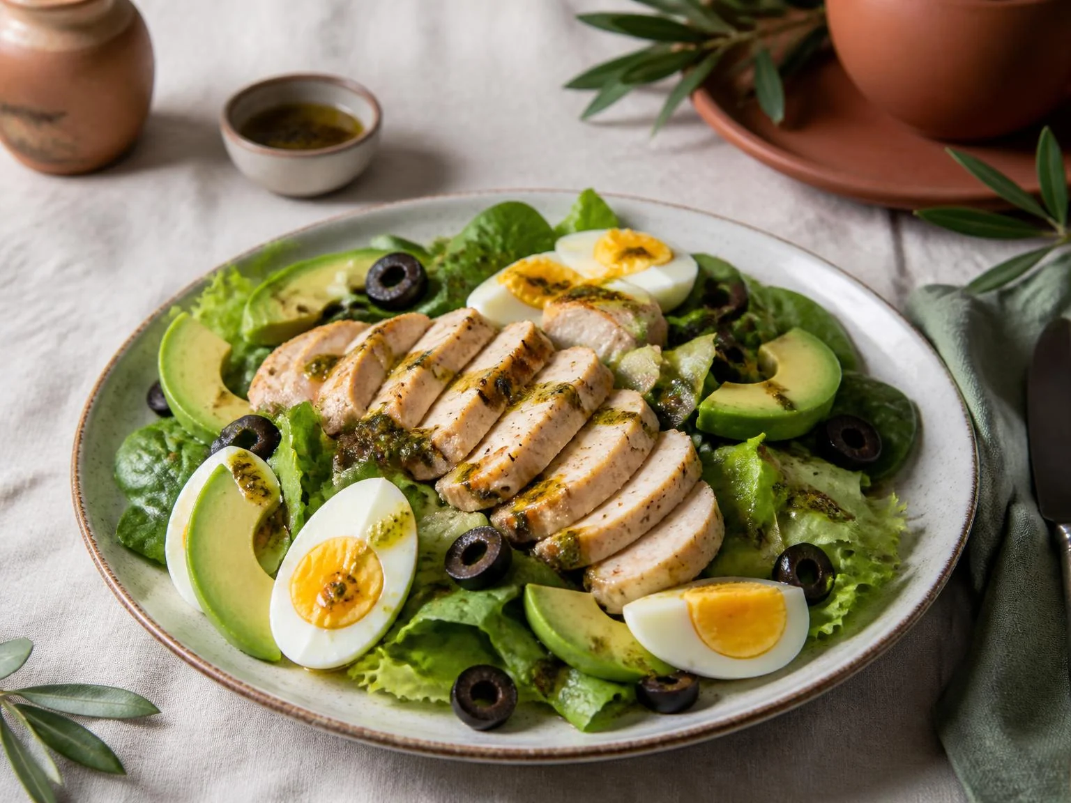 Kipsalade met avocado, ei en olijfolie — lunchgerecht van dichtbij gefotografeerd op een bord, met 27 gram eiwit en 505 kcal per portie