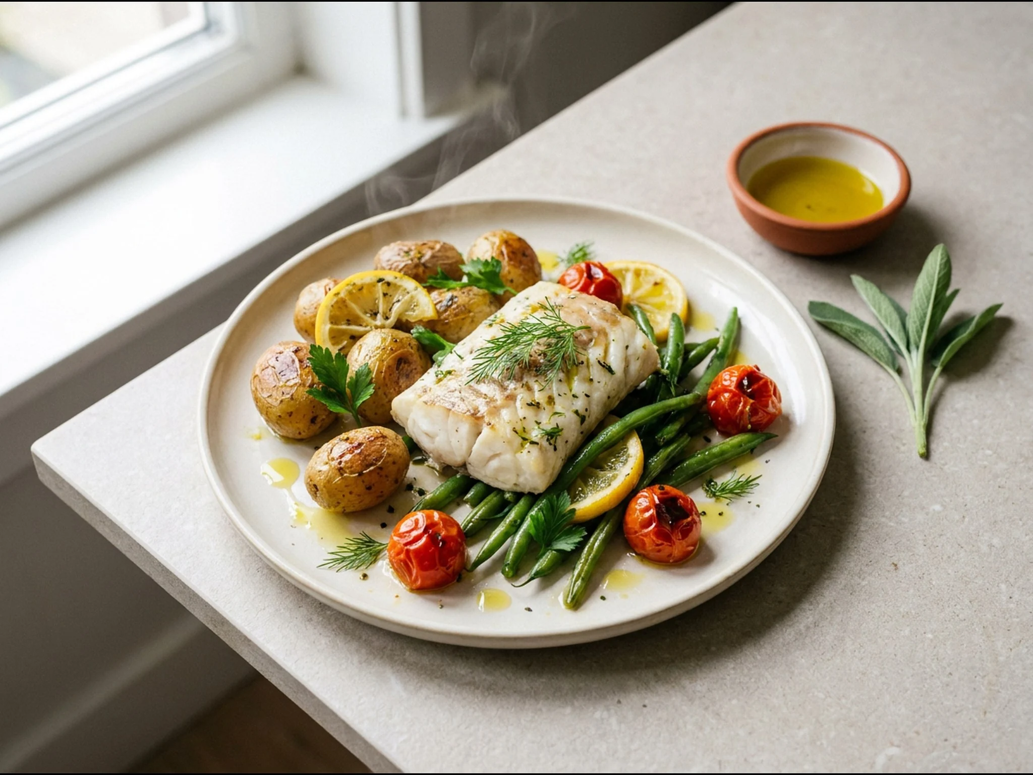 Koolvis uit de oven met cherrytomaten en krieltjes — dinergerecht van dichtbij gefotografeerd op een bord, met 40 gram eiwit en 380 kcal per portie