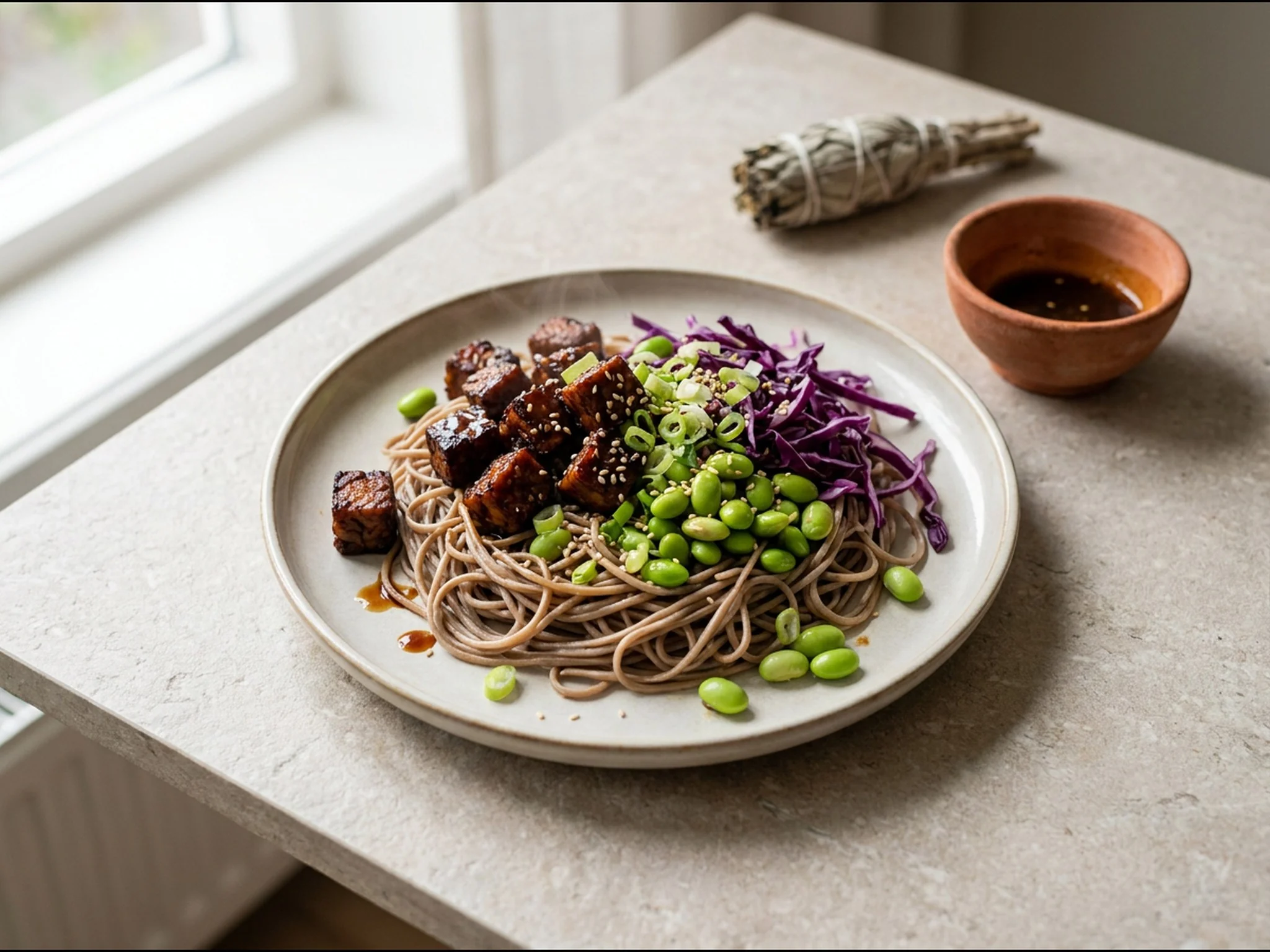 Koude soba noedels met edamame, rode kool en tempeh — lunchgerecht van dichtbij gefotografeerd op een bord, met 37 gram eiwit en 626 kcal per portie