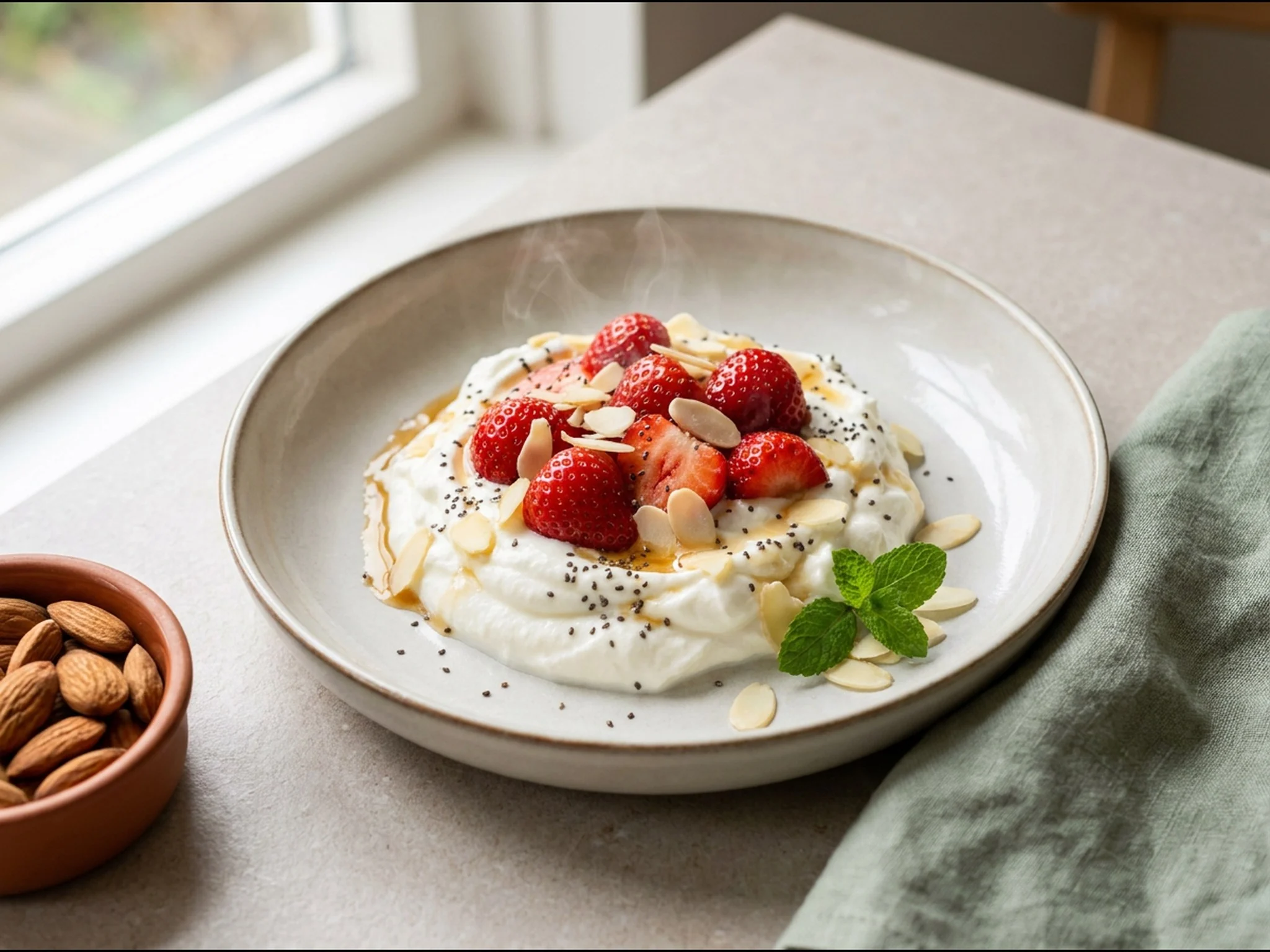 Kwark met aardbeien en amandelschaafsel — ontbijtgerecht van dichtbij gefotografeerd op een bord, met 41 gram eiwit en 410 kcal per portie