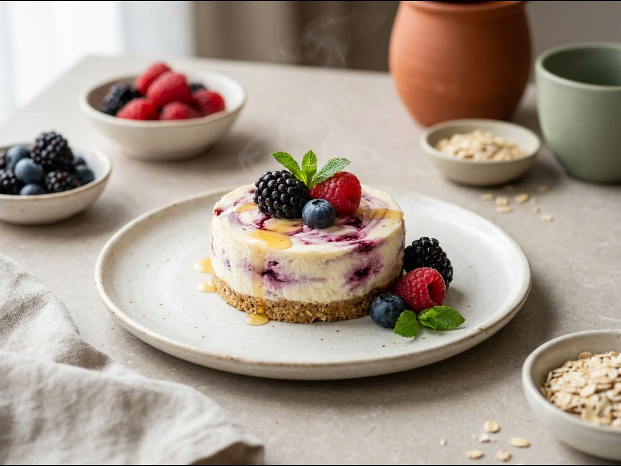 Kwarktaartje met bosvruchten — dessert van dichtbij gefotografeerd op een bord, met 20 gram eiwit en 260 kcal per portie