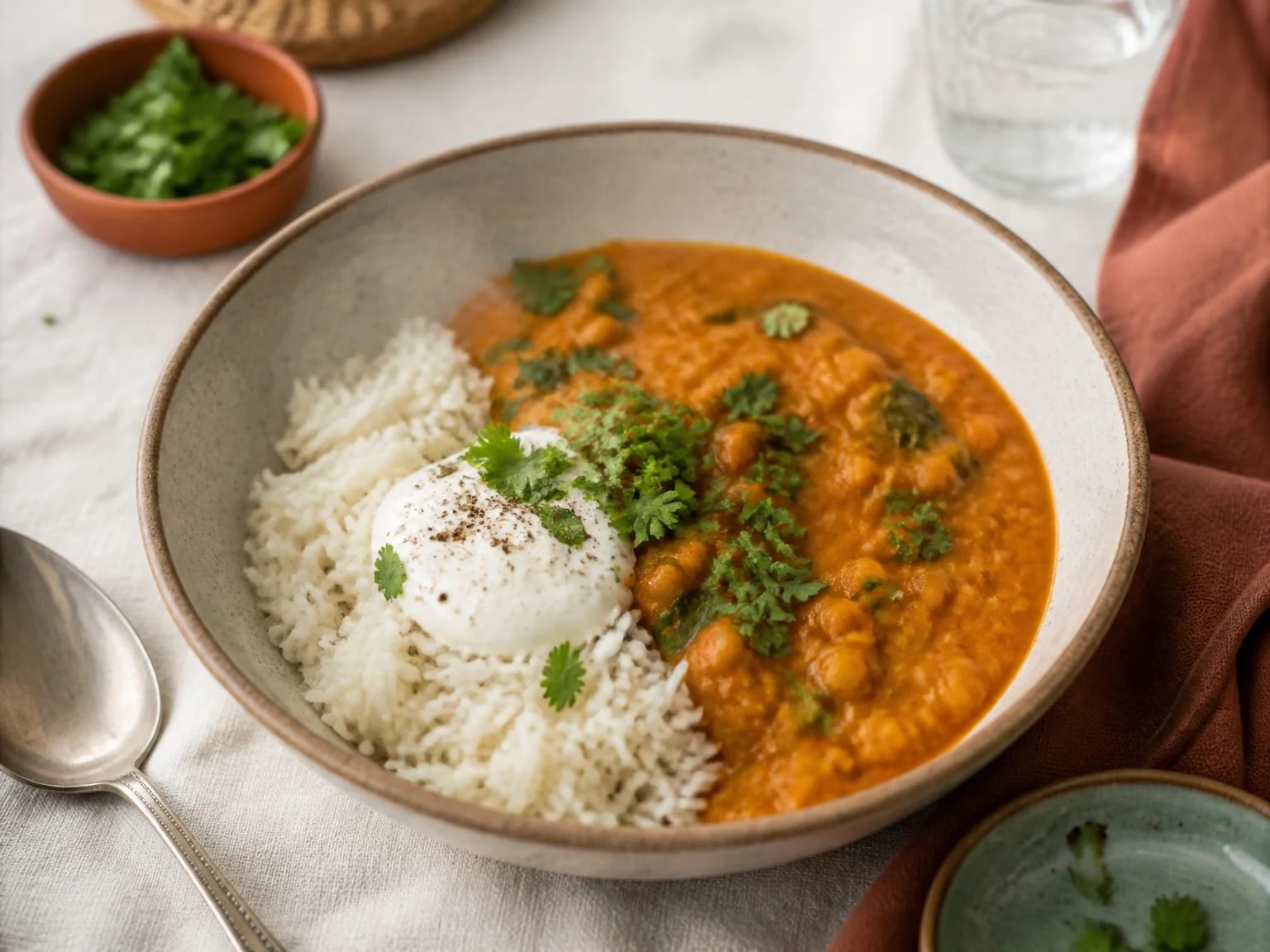 Linzencurry met rijst en yoghurt — dinergerecht van dichtbij gefotografeerd op een bord, met 32 gram eiwit en 545 kcal per portie
