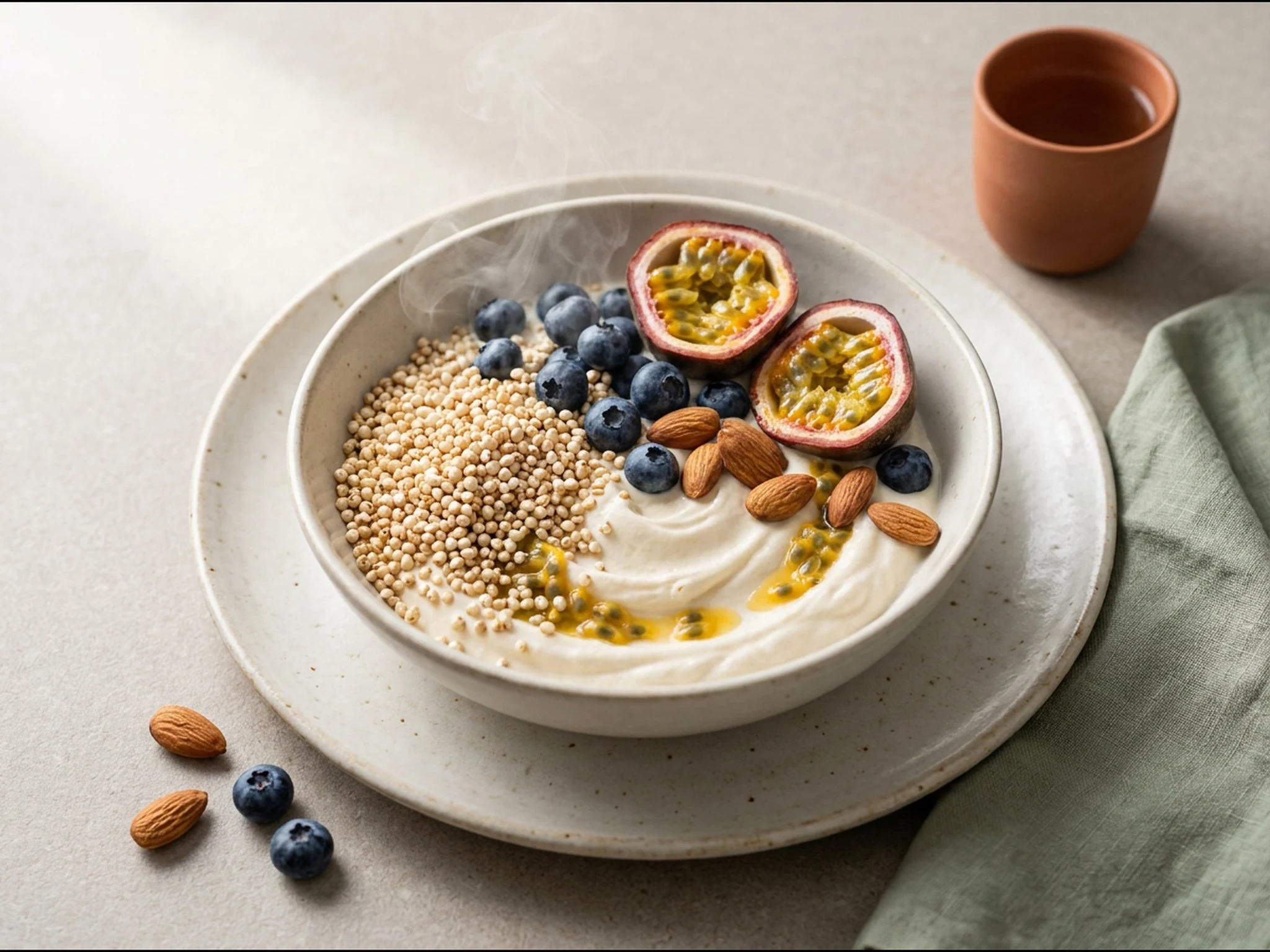 Magere kwarkbowl met gepofte quinoa en passievrucht — ontbijtgerecht van dichtbij gefotografeerd op een bord, met 44 gram eiwit en 395 kcal per portie