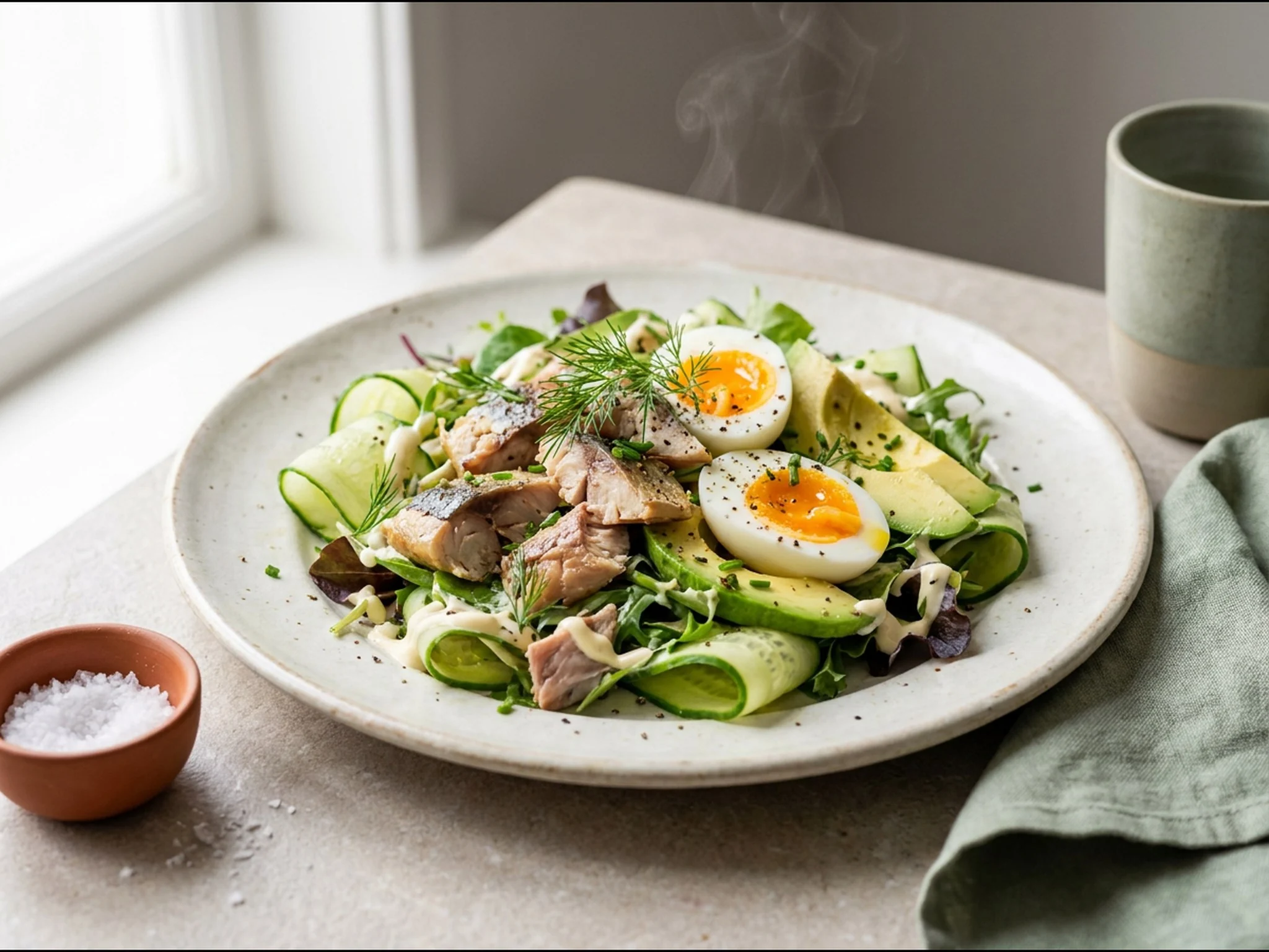Makreelsalade met avocado en gekookt ei — lunchgerecht van dichtbij gefotografeerd op een bord, met 28 gram eiwit en 547 kcal per portie