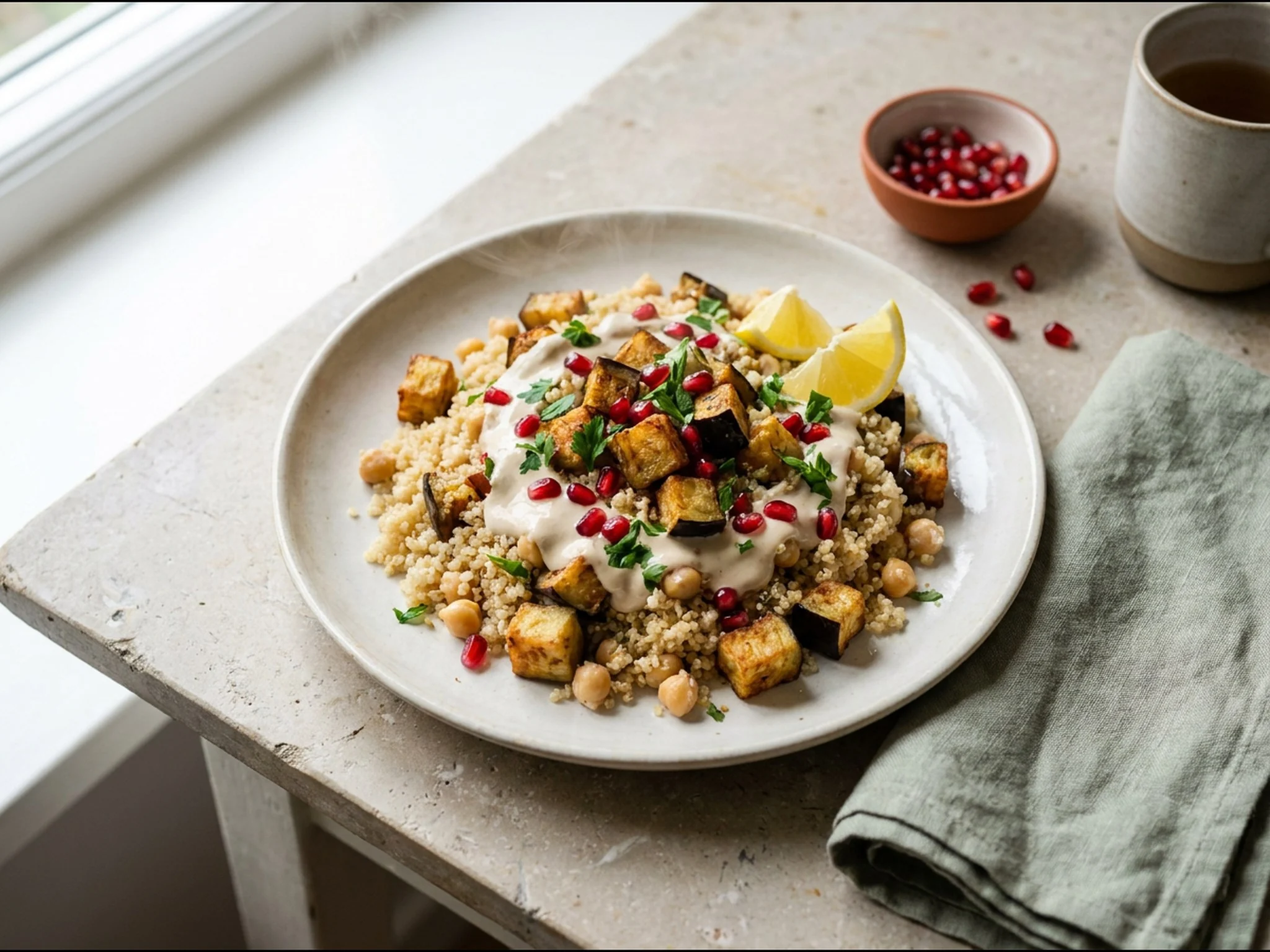 Midden-Oosterse quinoa met aubergine en tahin — dinergerecht van dichtbij gefotografeerd op een bord, met 21 gram eiwit en 560 kcal per portie