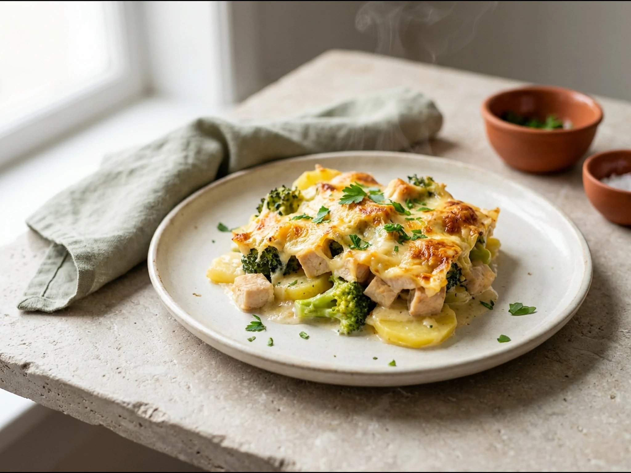 Ovenschotel met kip en broccoli — dinergerecht van dichtbij gefotografeerd op een bord, met 48 gram eiwit en 590 kcal per portie