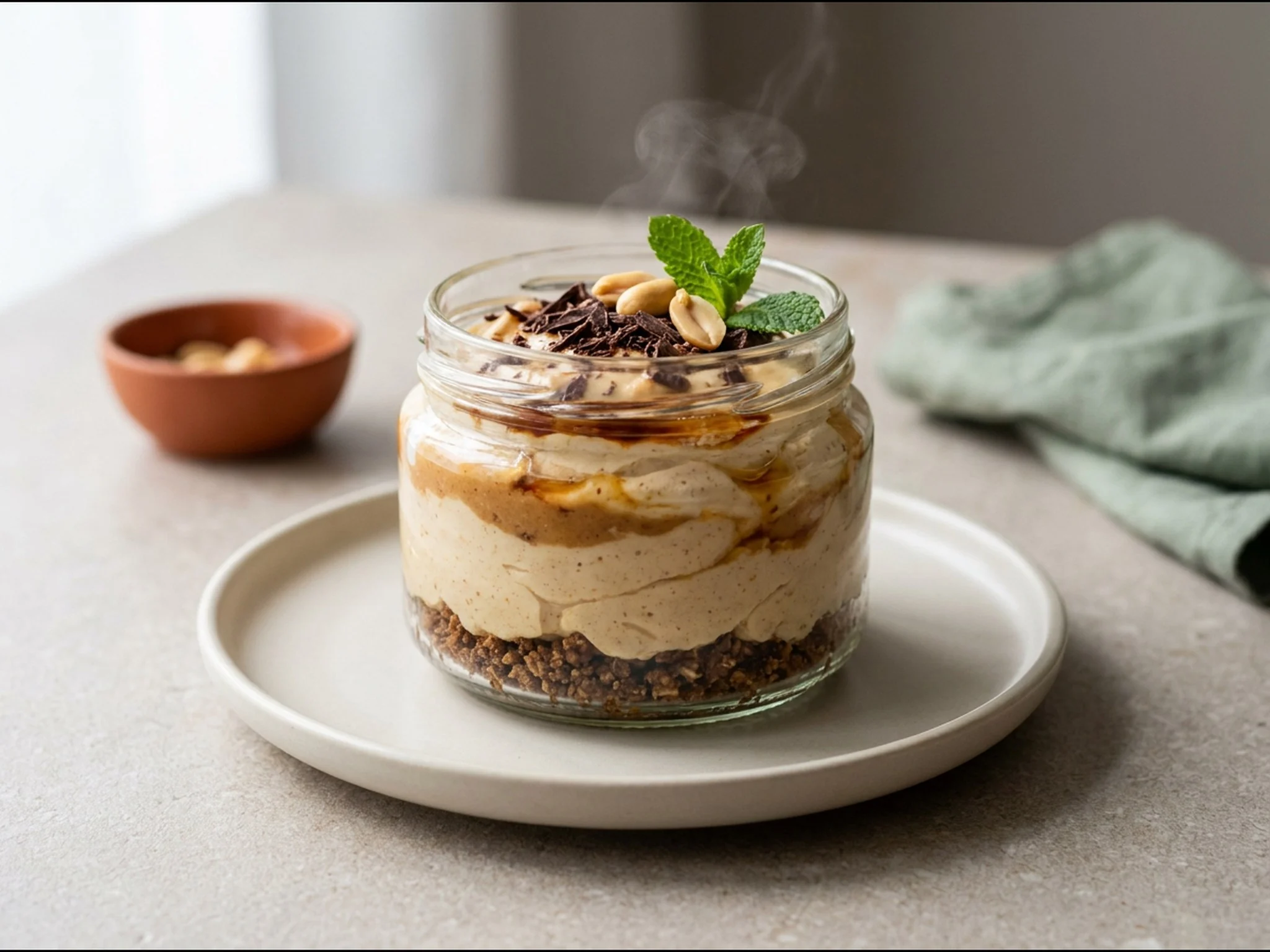Pindakaas-eiwit cheesecake in een potje — dessert van dichtbij gefotografeerd op een bord, met 59 gram eiwit en 710 kcal per portie