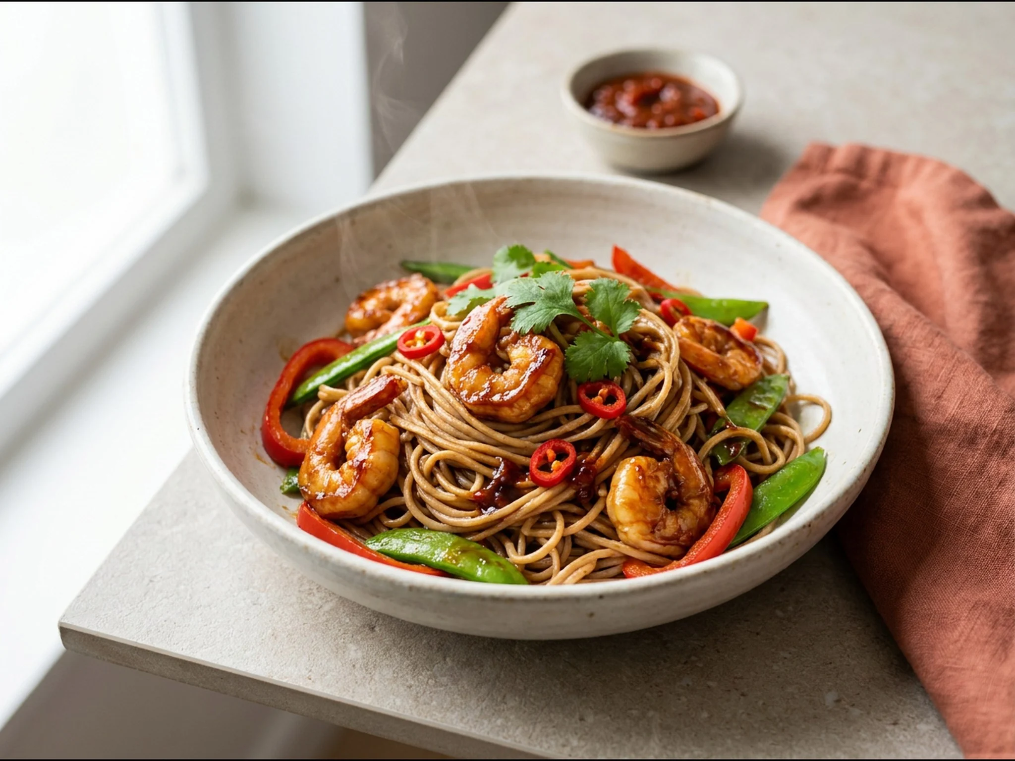 Pittige garnalen met noedels — dinergerecht van dichtbij gefotografeerd op een bord, met 38 gram eiwit en 520 kcal per portie