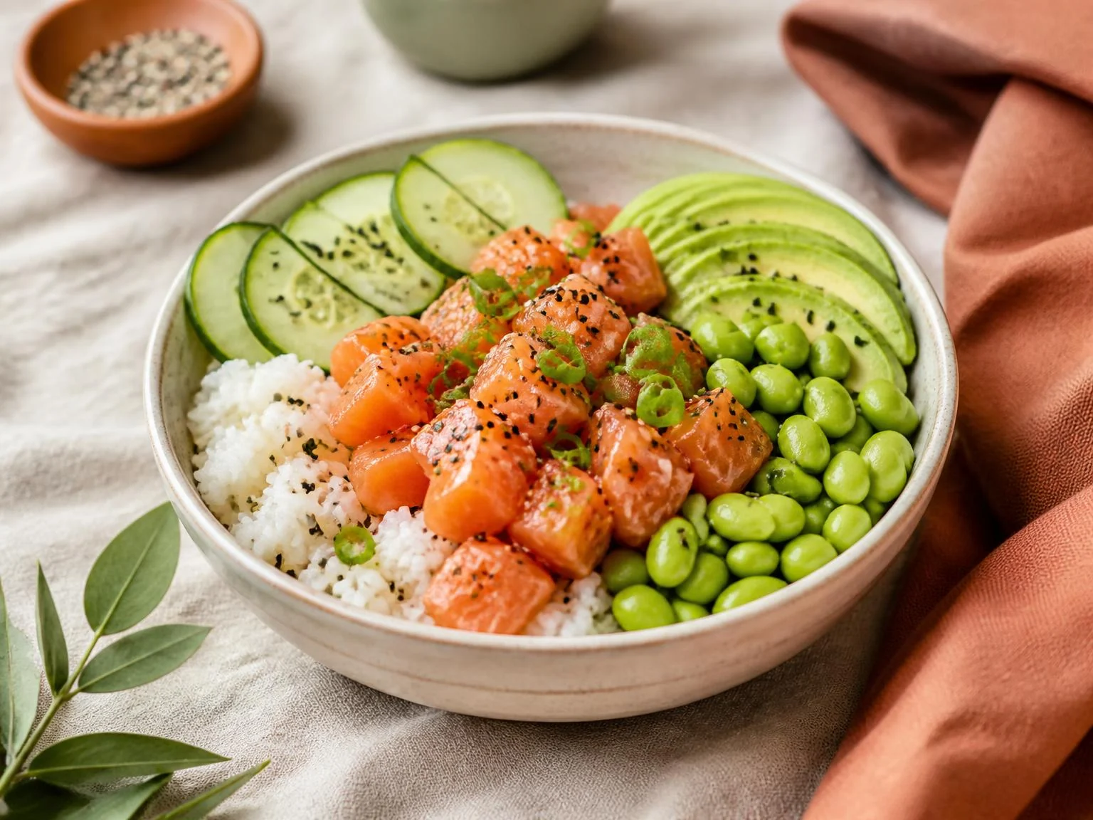 Pokébowl met zalm en edamame — lunchgerecht van dichtbij gefotografeerd op een bord, met 34 gram eiwit en 572 kcal per portie