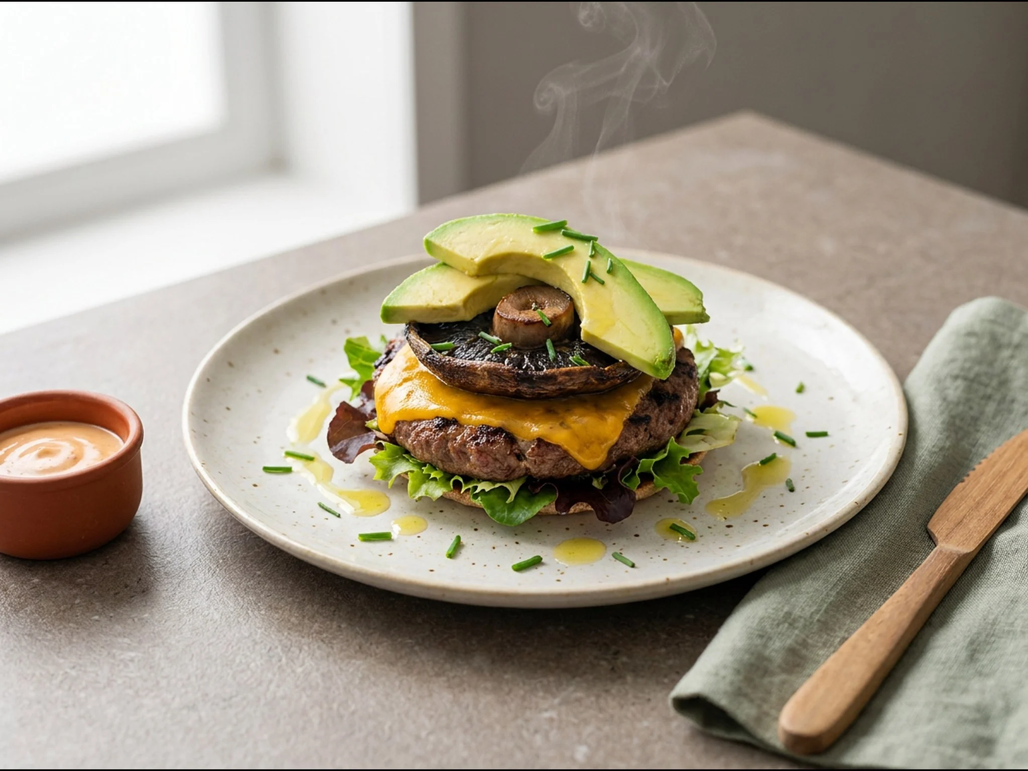 Portobello runderburger met romige avocado — dinergerecht van dichtbij gefotografeerd op een bord, met 33 gram eiwit en 522 kcal per portie