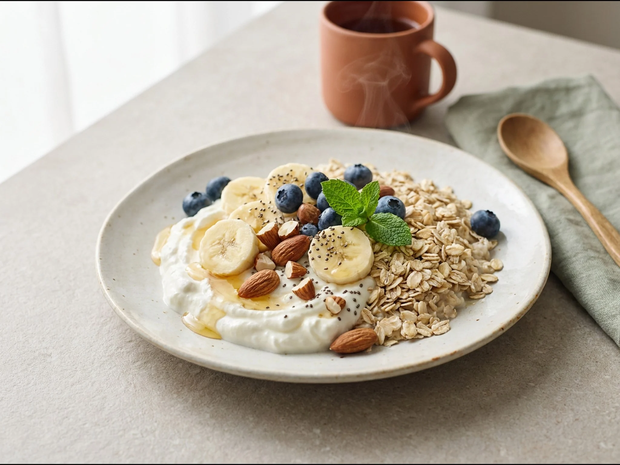 Proteïne-ontbijtbowl met kwark en havermout — ontbijtgerecht van dichtbij gefotografeerd op een bord, met 56 gram eiwit en 660 kcal per portie
