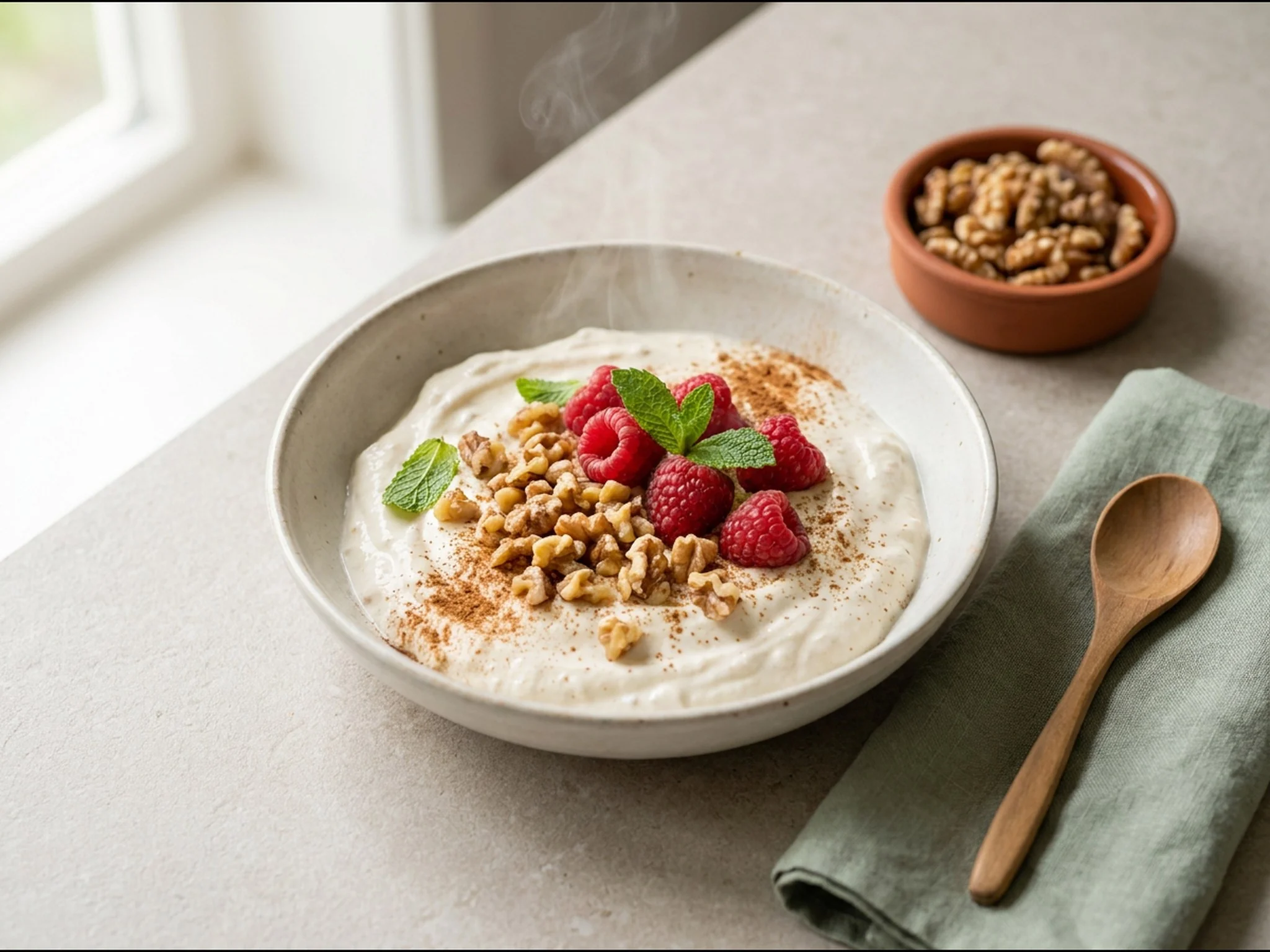 Proteïne-yoghurtbowl met noten — ontbijtgerecht van dichtbij gefotografeerd op een bord, met 35 gram eiwit en 430 kcal per portie