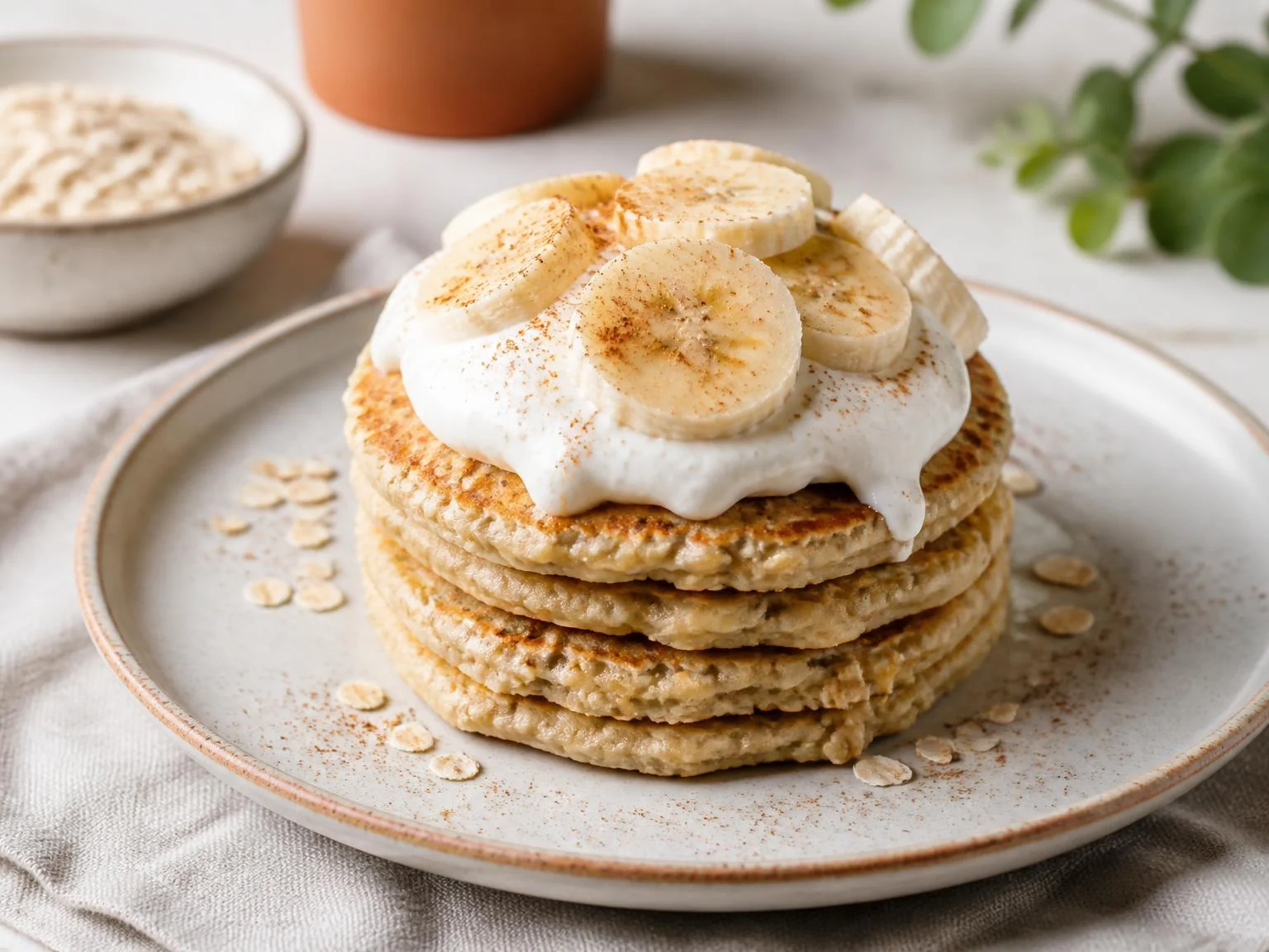 Proteïnepannenkoeken met kwark en banaan — ontbijtgerecht van dichtbij gefotografeerd op een bord, met 59 gram eiwit en 688 kcal per portie