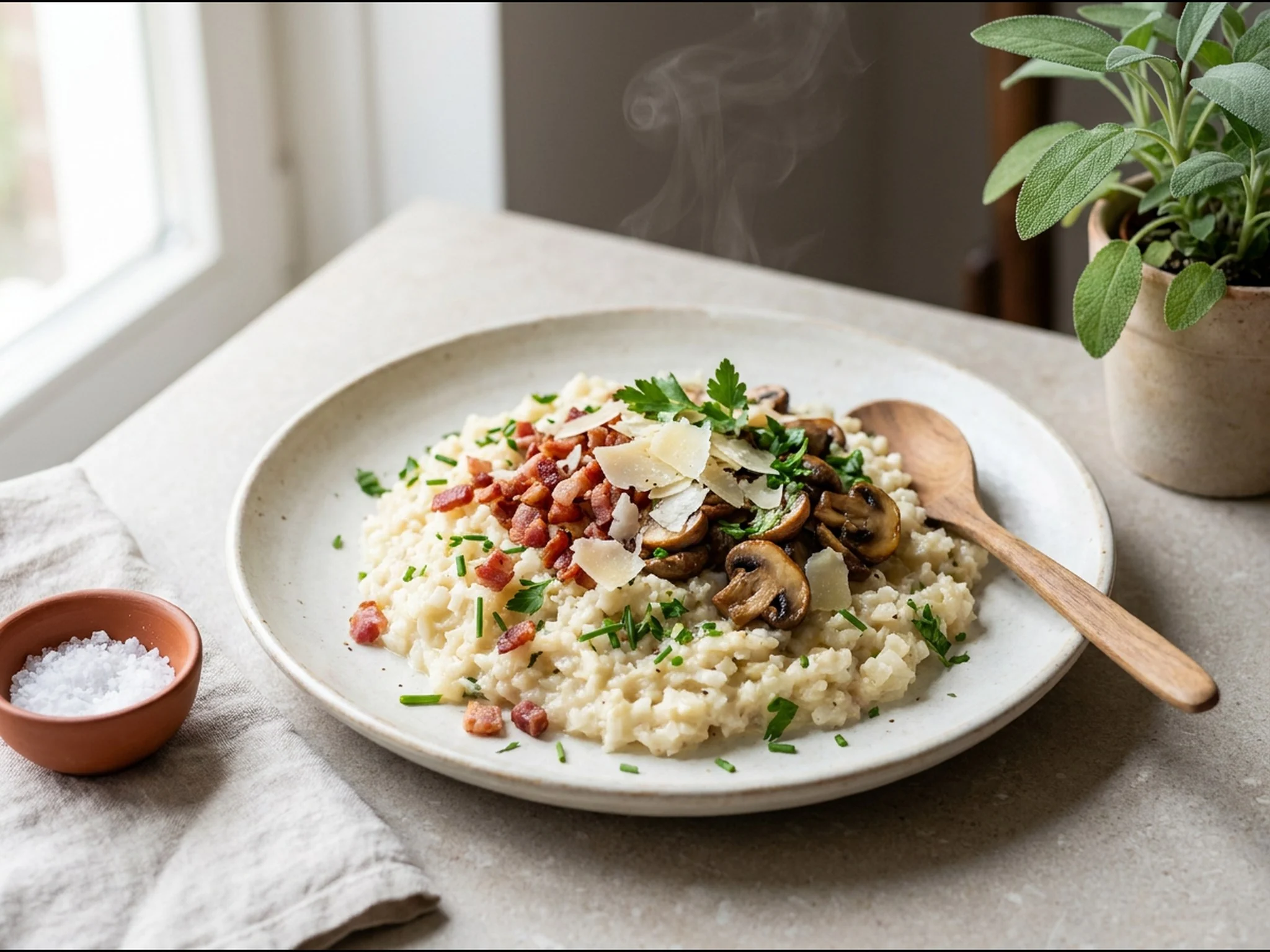 Romige bloemkoolrisotto met spekjes en parmezaan — lunchgerecht van dichtbij gefotografeerd op een bord, met 27 gram eiwit en 486 kcal per portie