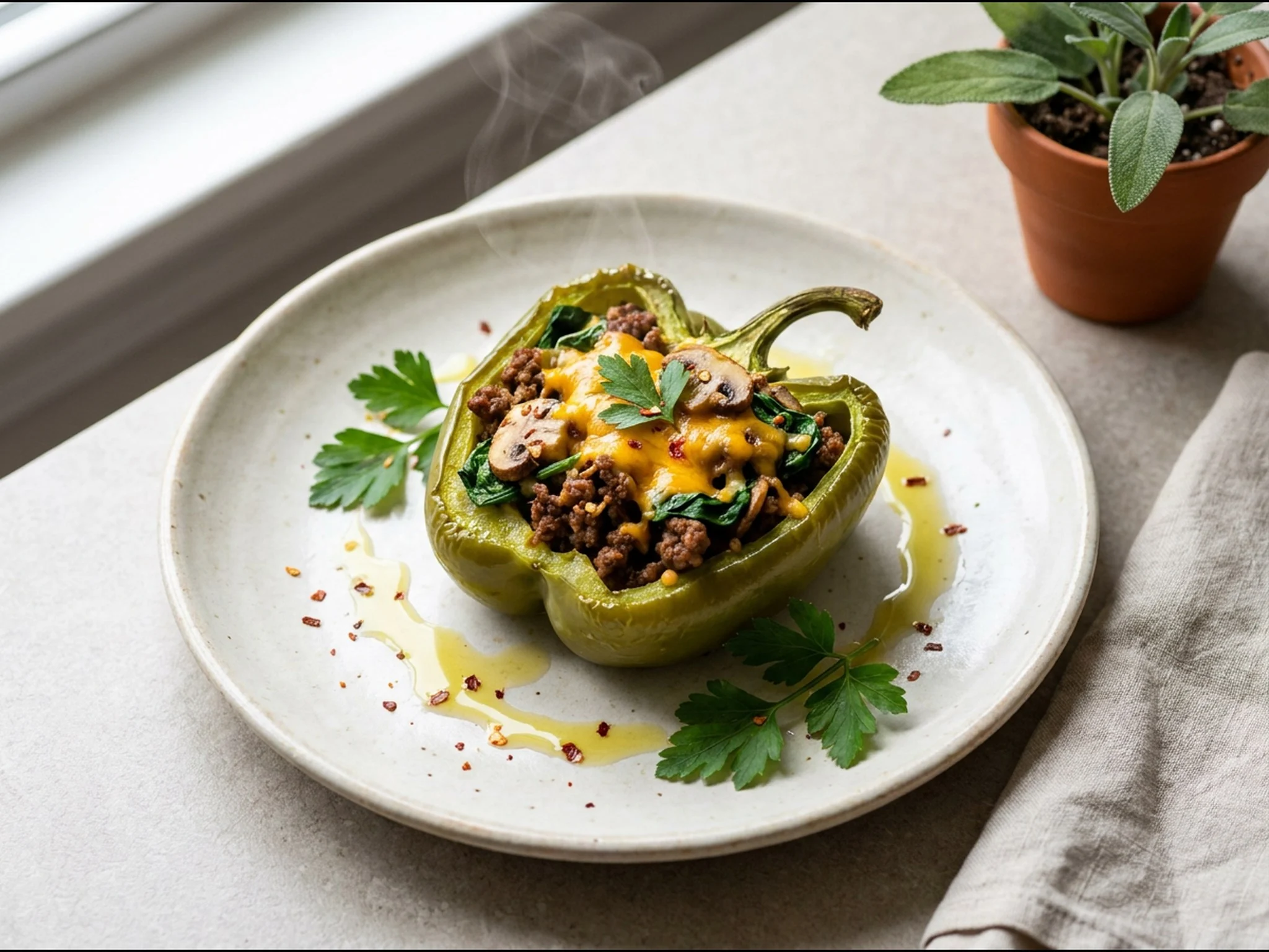 Romige keto-gevulde paprika met rundergehakt — dinergerecht van dichtbij gefotografeerd op een bord, met 32 gram eiwit en 531 kcal per portie