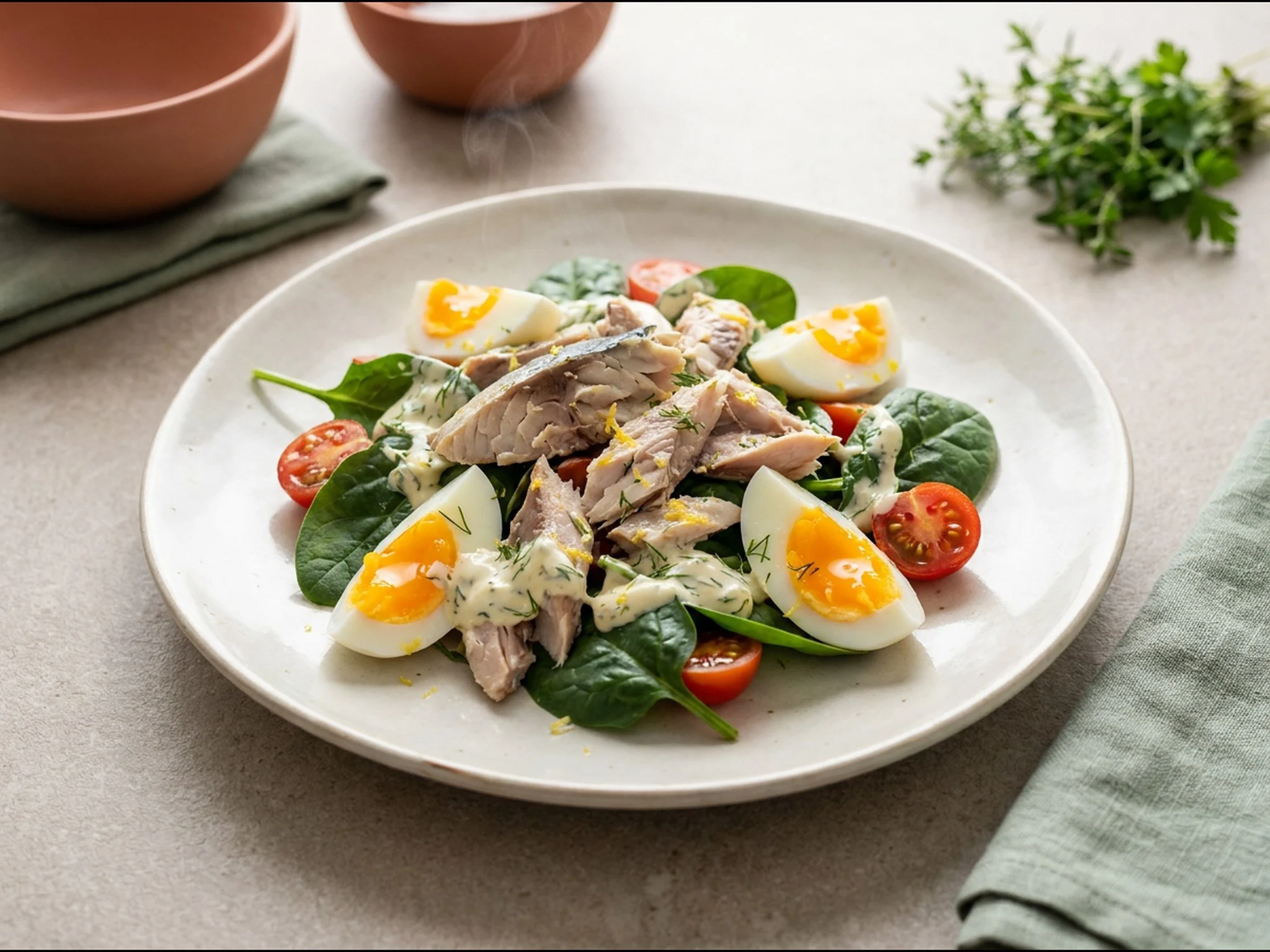 Romige makreelsalade met verse spinazie en ei — lunchgerecht van dichtbij gefotografeerd op een bord, met 33 gram eiwit en 544 kcal per portie