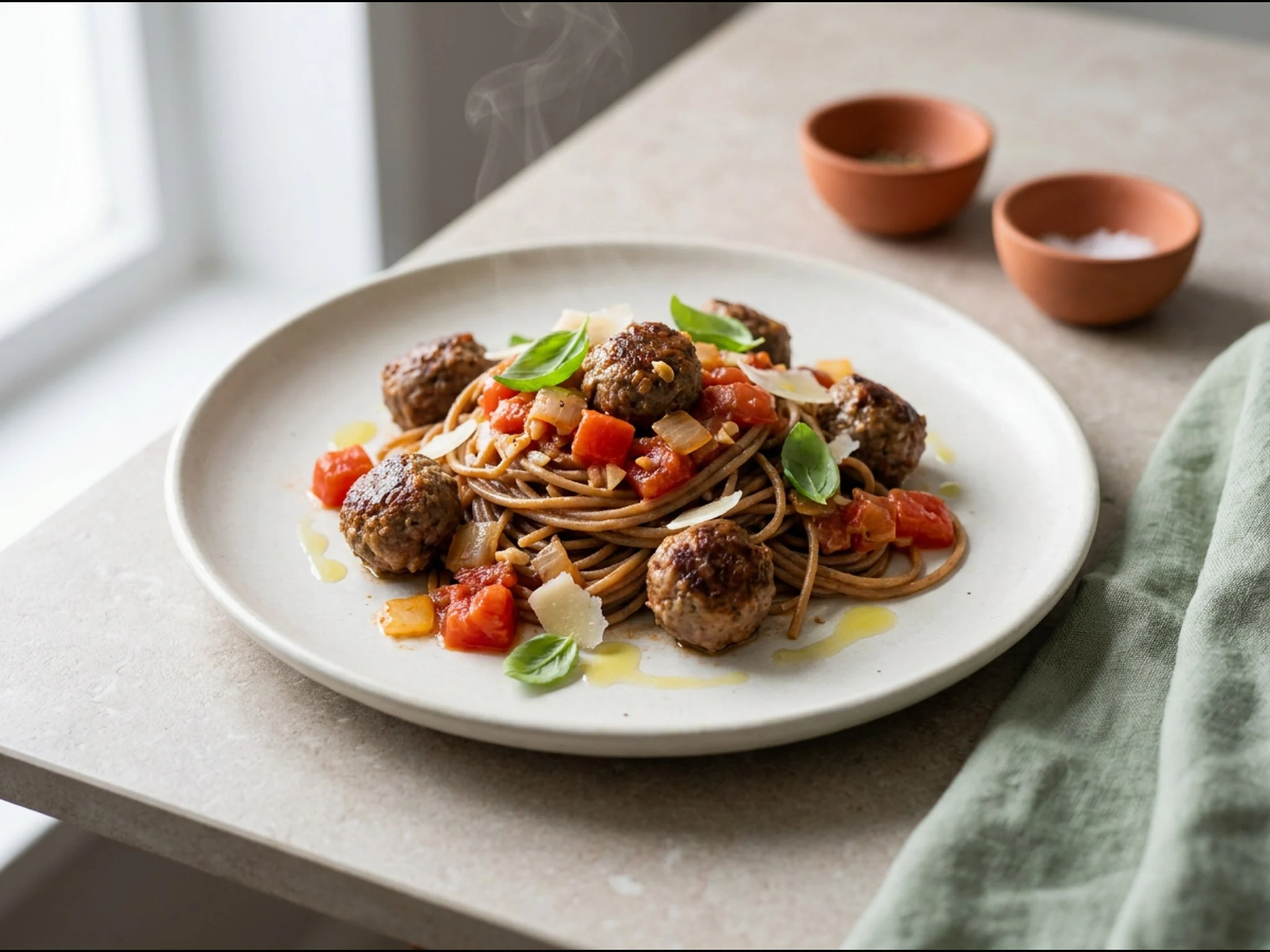 Rundergehaktballetjes met volkoren pasta — dinergerecht van dichtbij gefotografeerd op een bord, met 58 gram eiwit en 690 kcal per portie
